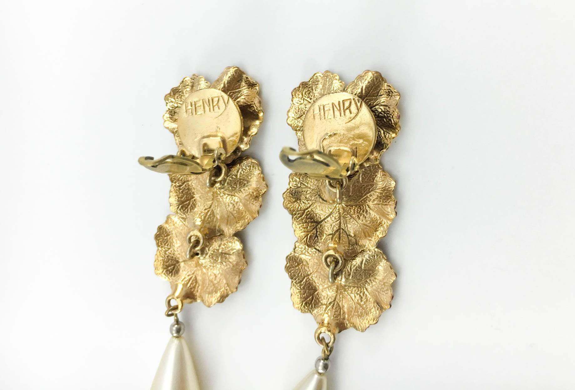 Henry Perichon Leaves and Pearl Drop Earrings - 1950s 4
