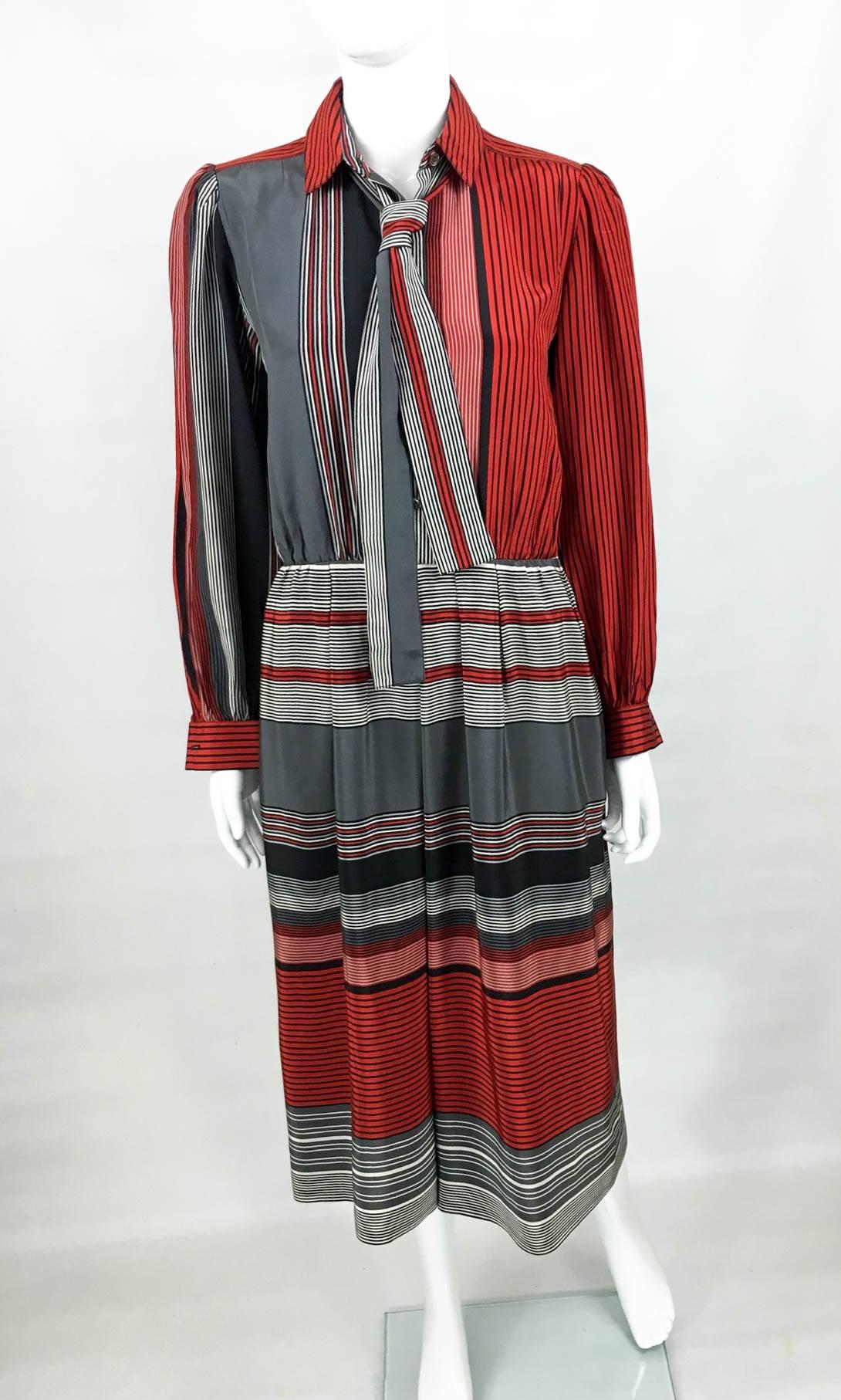 Black Balenciaga Silk Pussy Bow Stripy Dress - 1970s