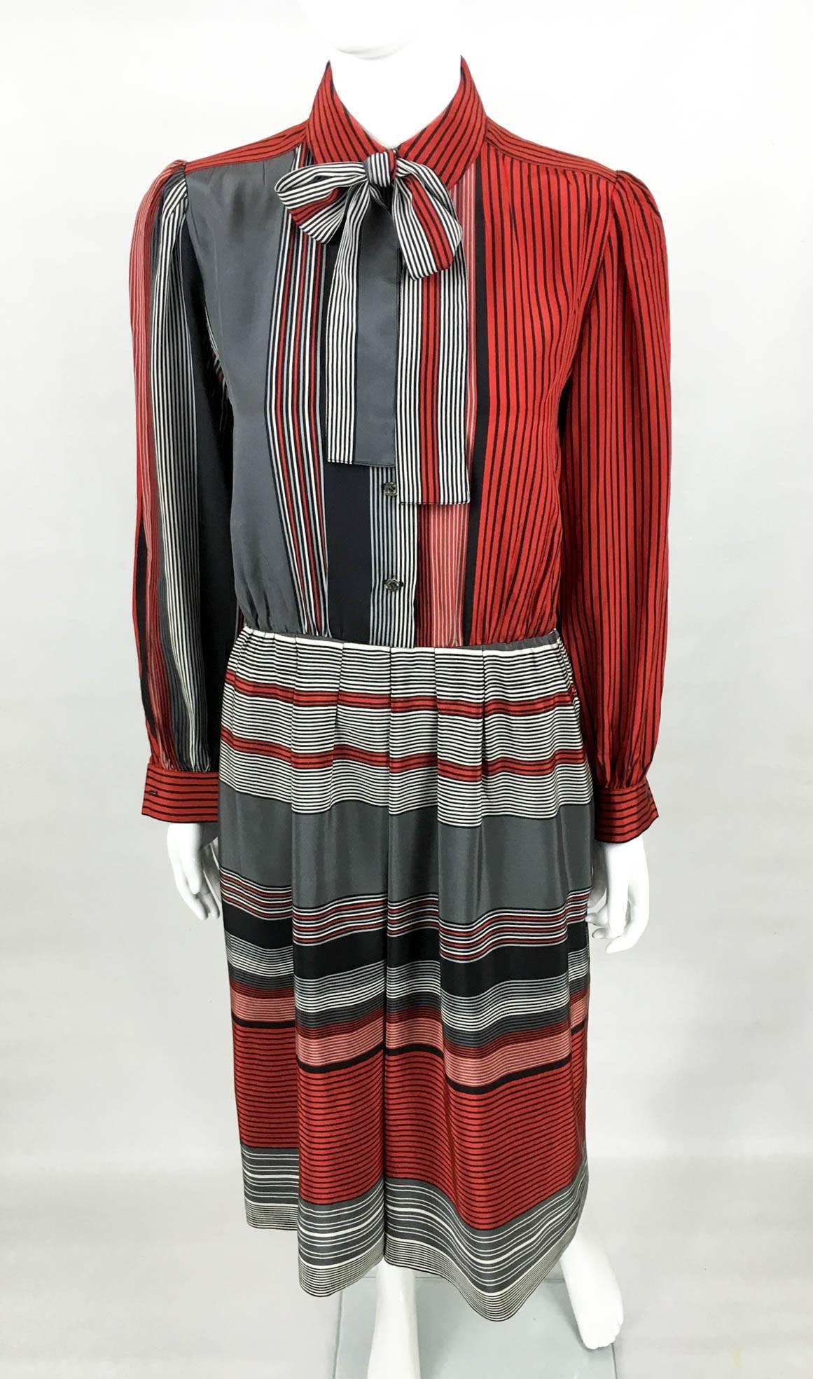 Balenciaga Silk Pussy Bow Stripy Dress - 1970s In Excellent Condition In London, Chelsea