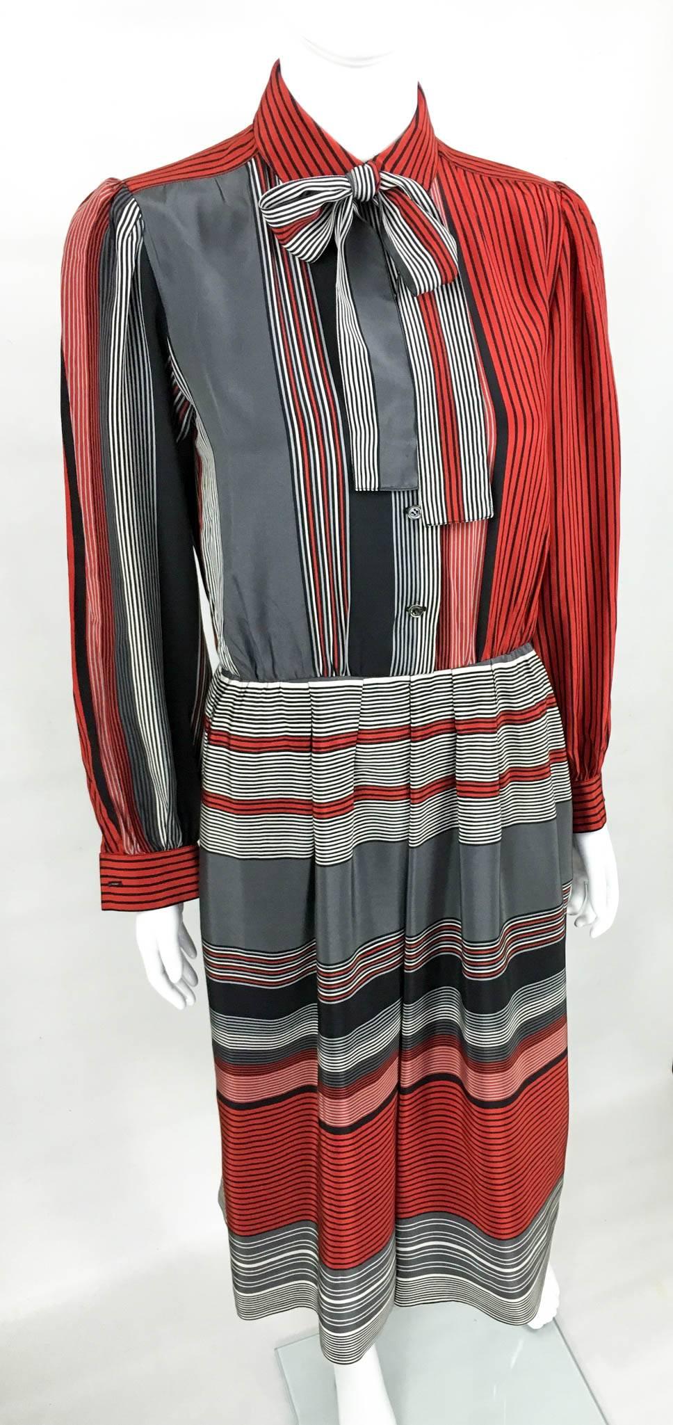 Women's Balenciaga Silk Pussy Bow Stripy Dress - 1970s
