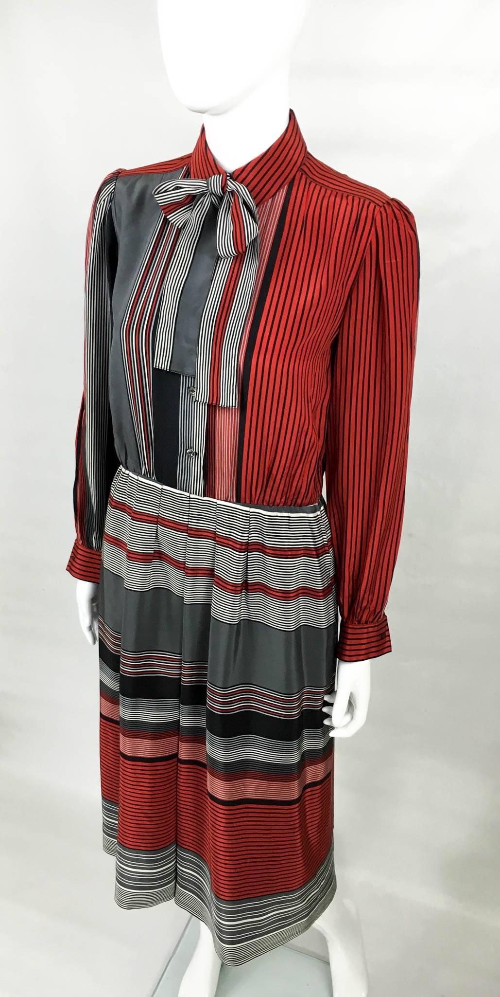 Balenciaga Silk Pussy Bow Stripy Dress - 1970s 1