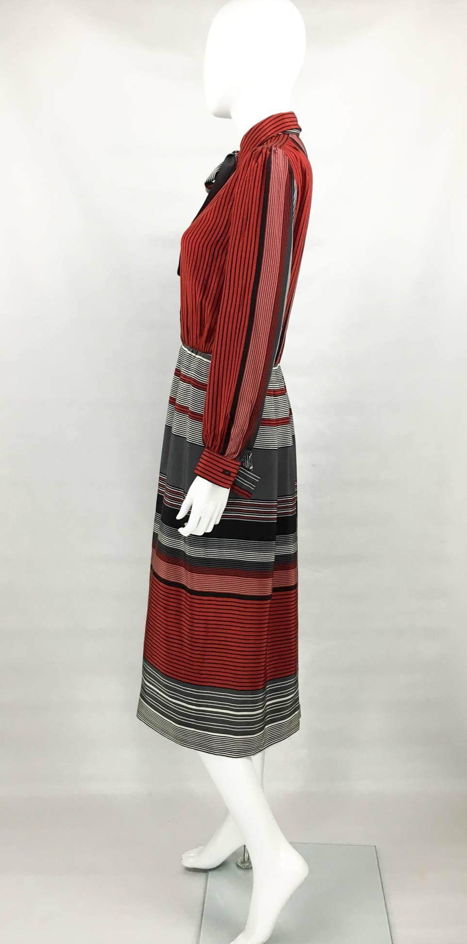 Balenciaga Silk Pussy Bow Stripy Dress - 1970s 2