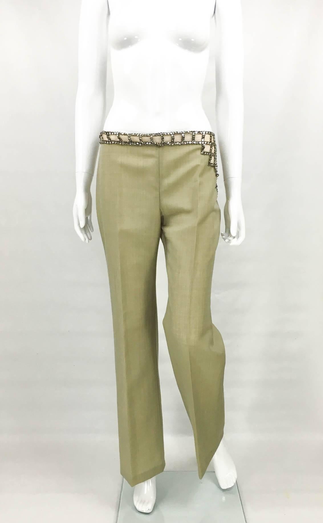 Vintage Chloe Khaki Crystal Embellished Trousers. These fabulous pair of trousers by Chloe date back from the 1990s. In excellent condition, it features a geometric paste/rhinestone embellishment around the waist and going down in a pyramid shape on