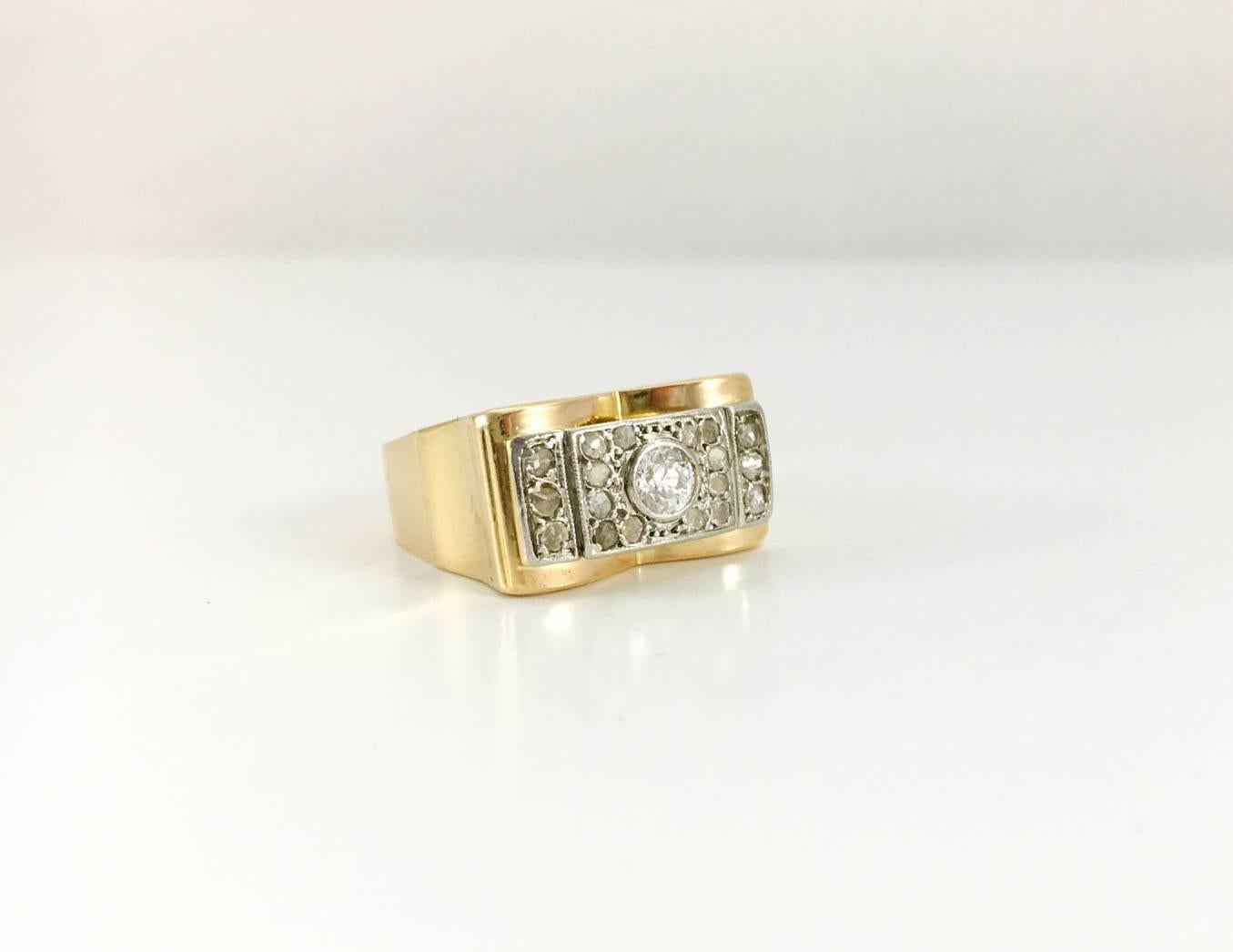 Women's or Men's Gold and Diamond Cocktail Ring - 1940s For Sale