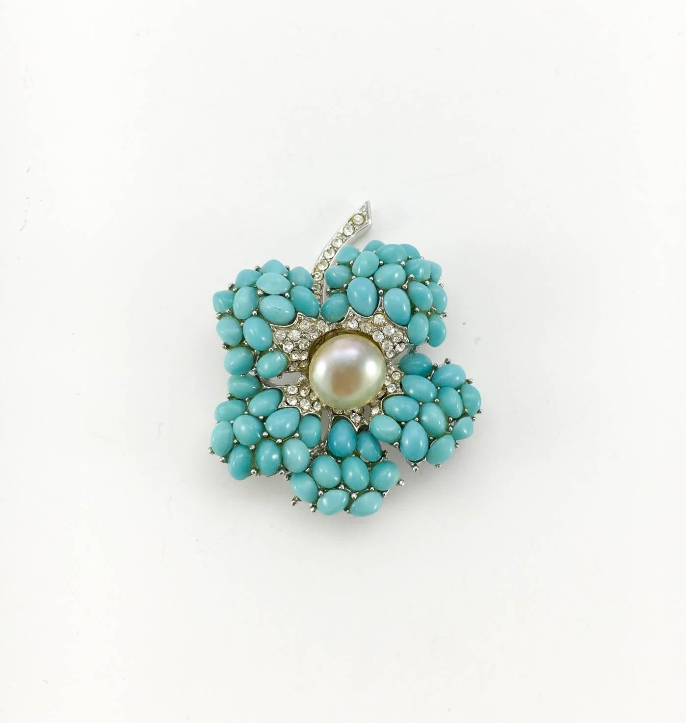 Women's Boucher Faux Turquoise and Pearl Earring and Brooch Set - 1950s