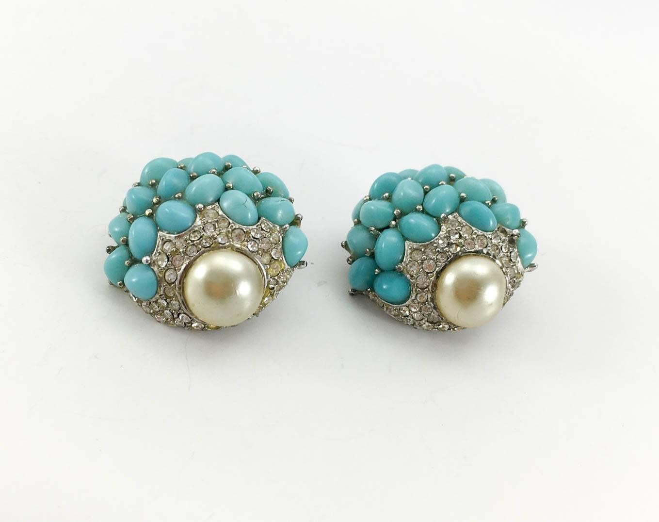 Boucher Faux Turquoise and Pearl Earring and Brooch Set - 1950s 1