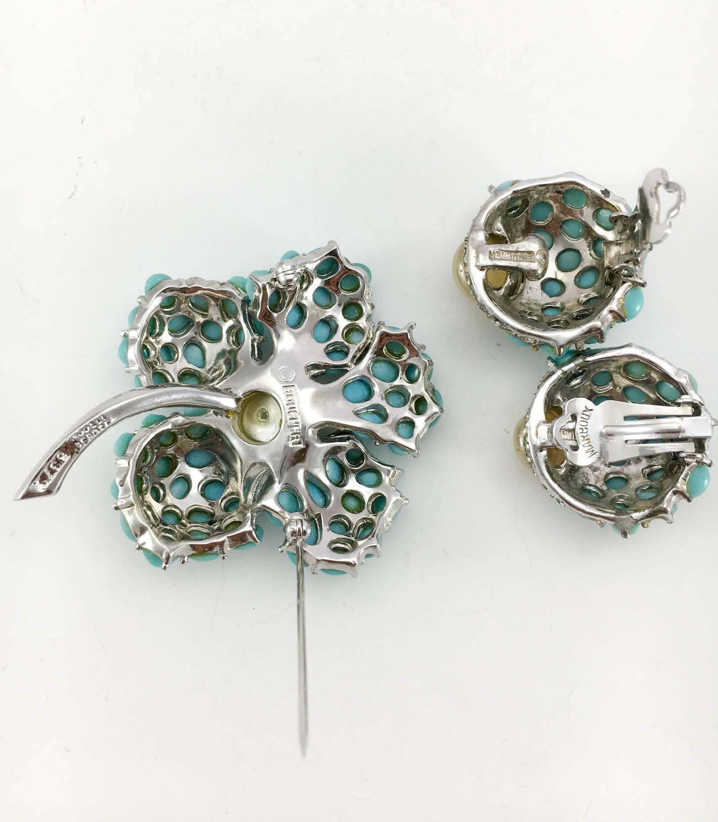 Boucher Faux Turquoise and Pearl Earring and Brooch Set - 1950s 2