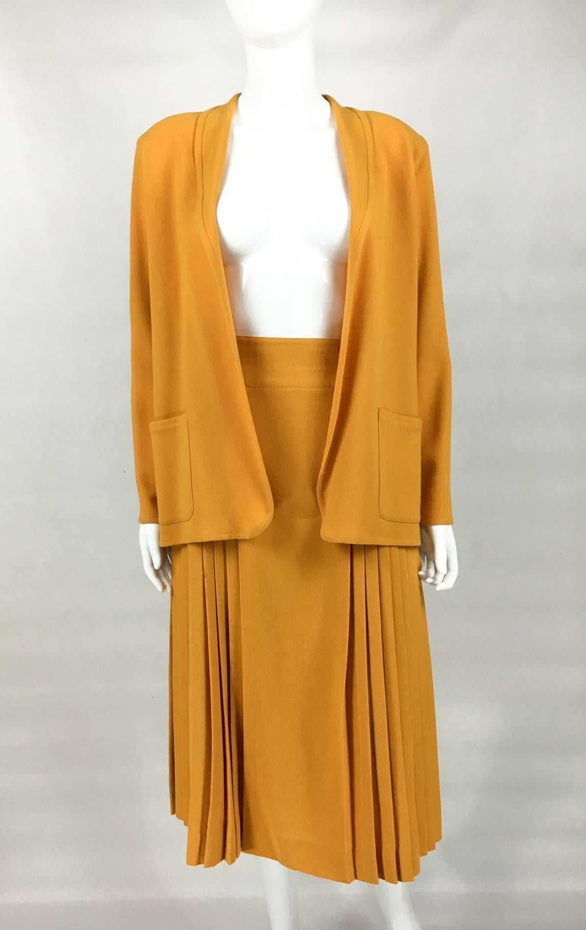 Orange Dior Wool Crepe Pleated Skirt Ensemble - 1970s For Sale