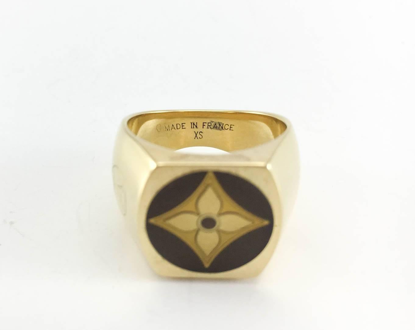 Louis Vuitton Monogram Unisex Gilt Silver Signet Ring In Excellent Condition In London, Chelsea