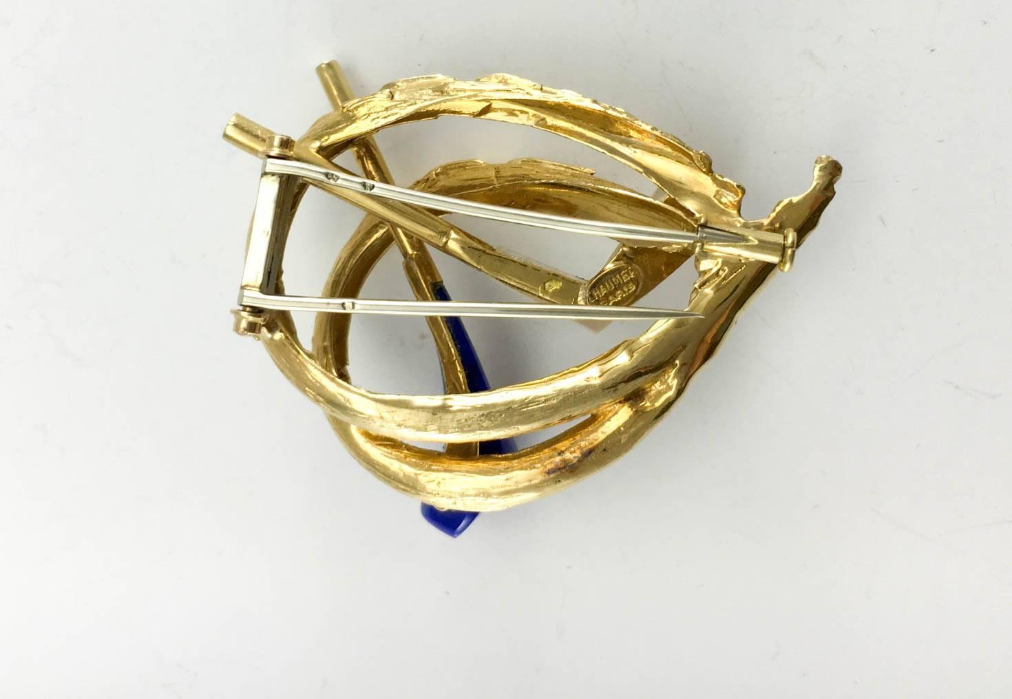 Women's Chaumet 18K Gold, Lapis Lazuli and Mother of Pearl Golfing Brooch - 1960s