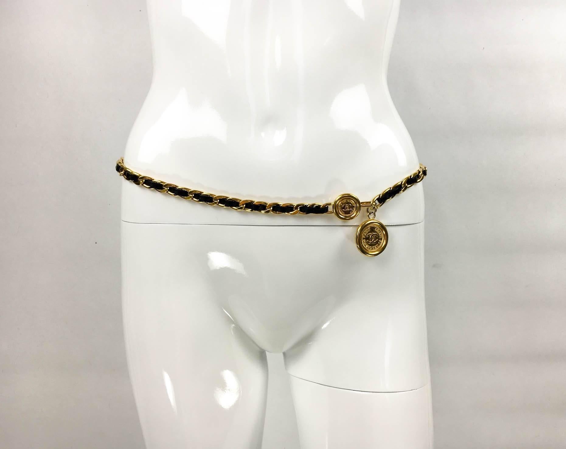 Gorgeous Vintage Chanel Belt / Necklace. This fabulous piece by Chanel dates back from the early 1990s, when superstar jewellery and accessories designer Victoire de Castellane was at the fashion house. With black leather woven into a gilt chain, it