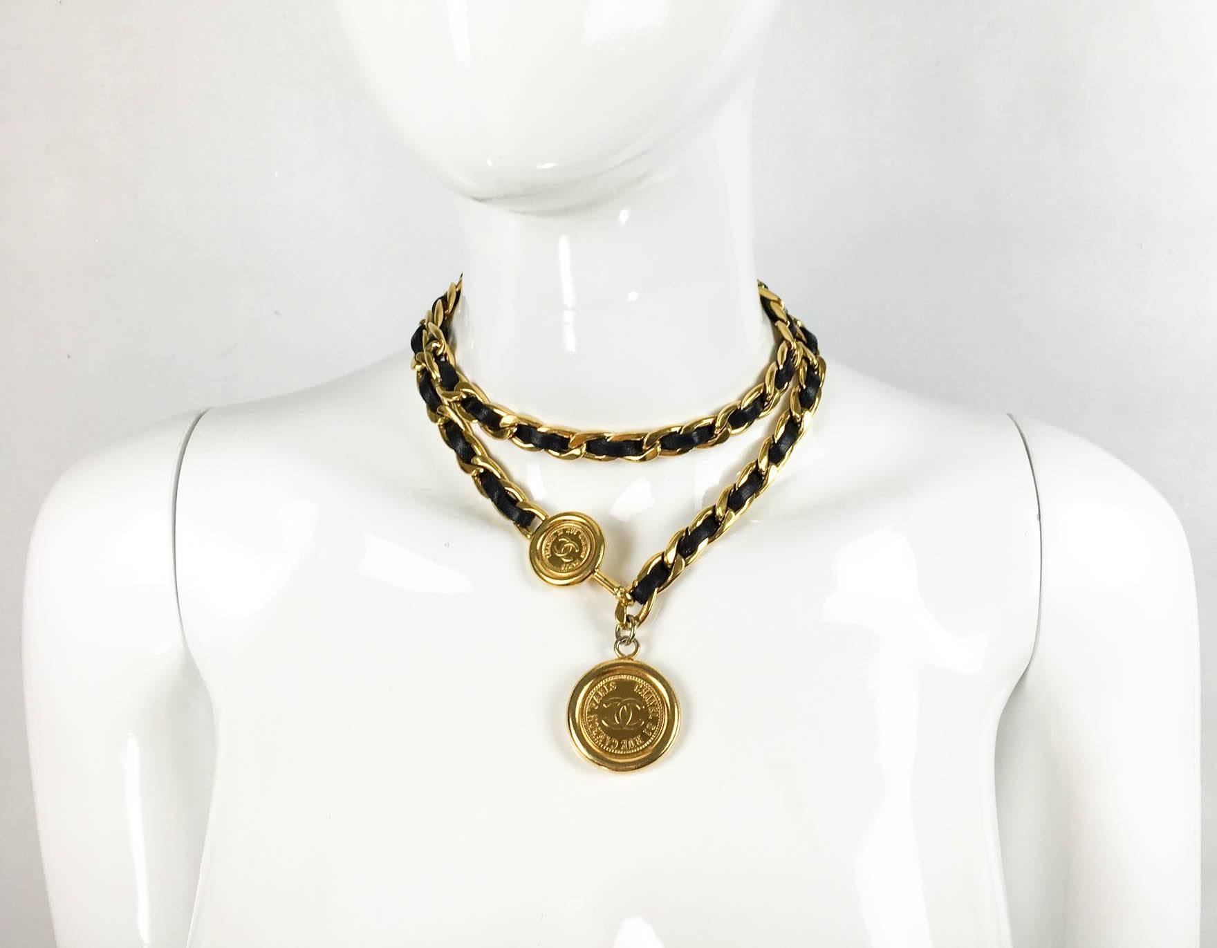 Beige 1990s Chanel Woven Leather and Chain With 'CC' Logo Medallions Belt / Necklace