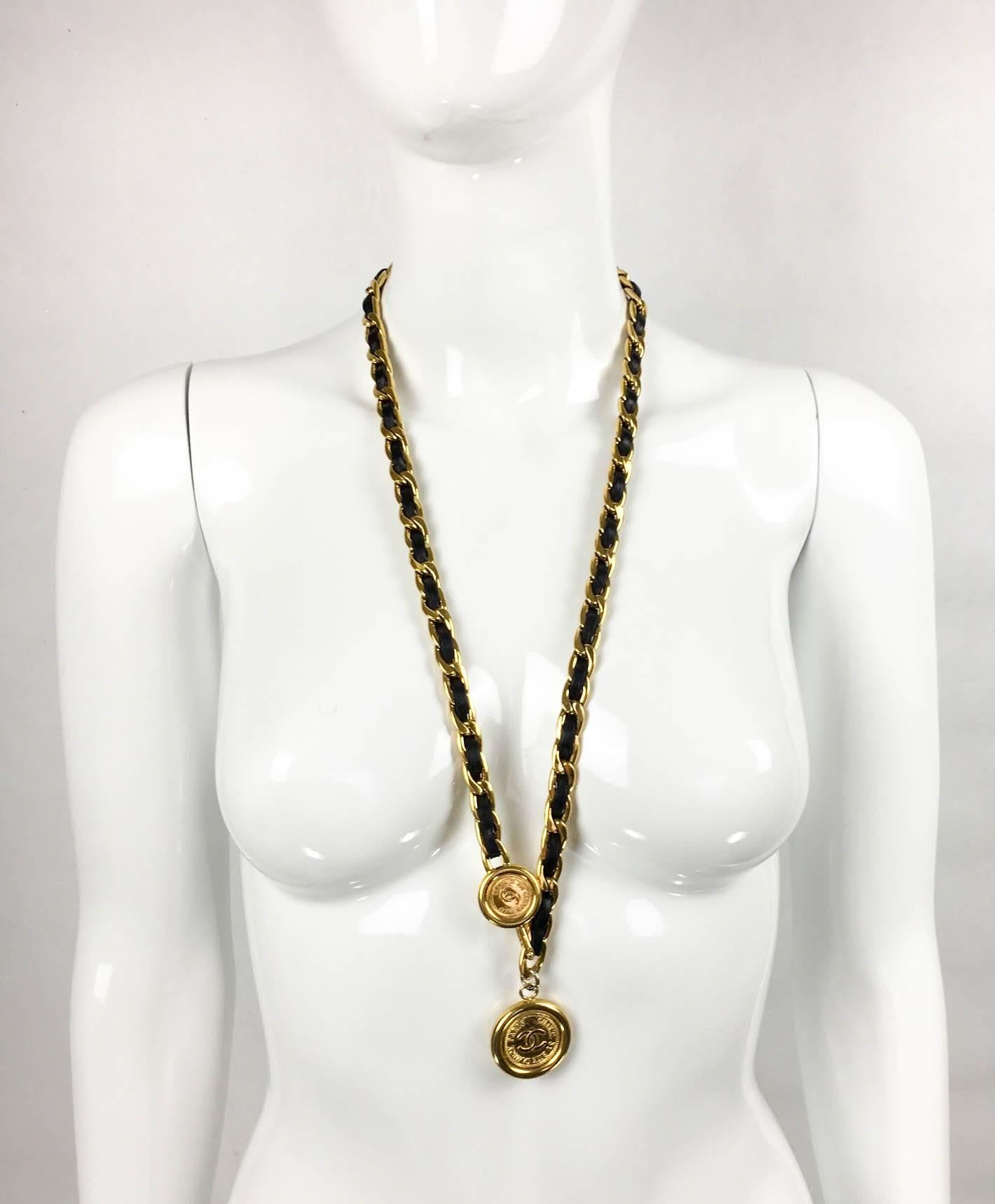 Women's 1990s Chanel Woven Leather and Chain With 'CC' Logo Medallions Belt / Necklace