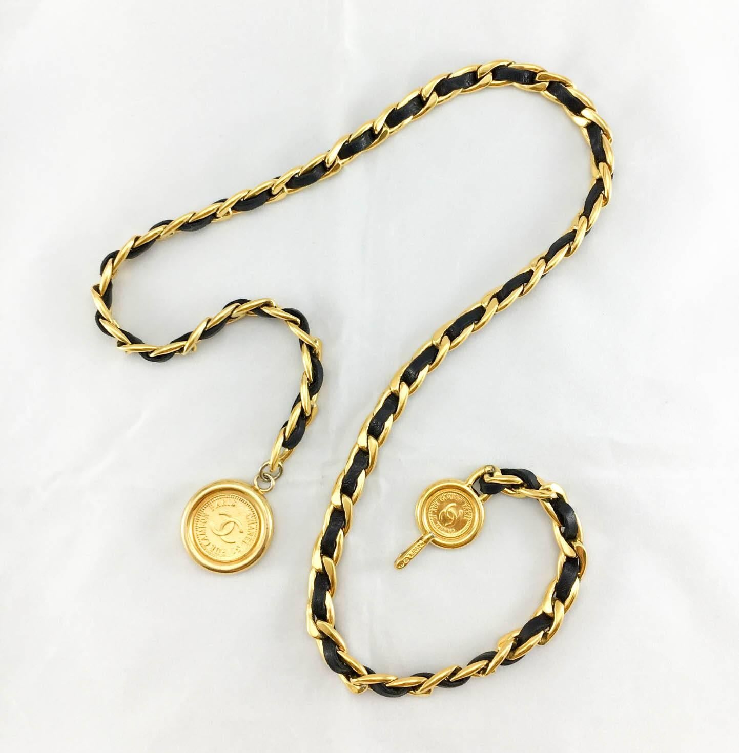 1990s Chanel Woven Leather and Chain With 'CC' Logo Medallions Belt / Necklace 1