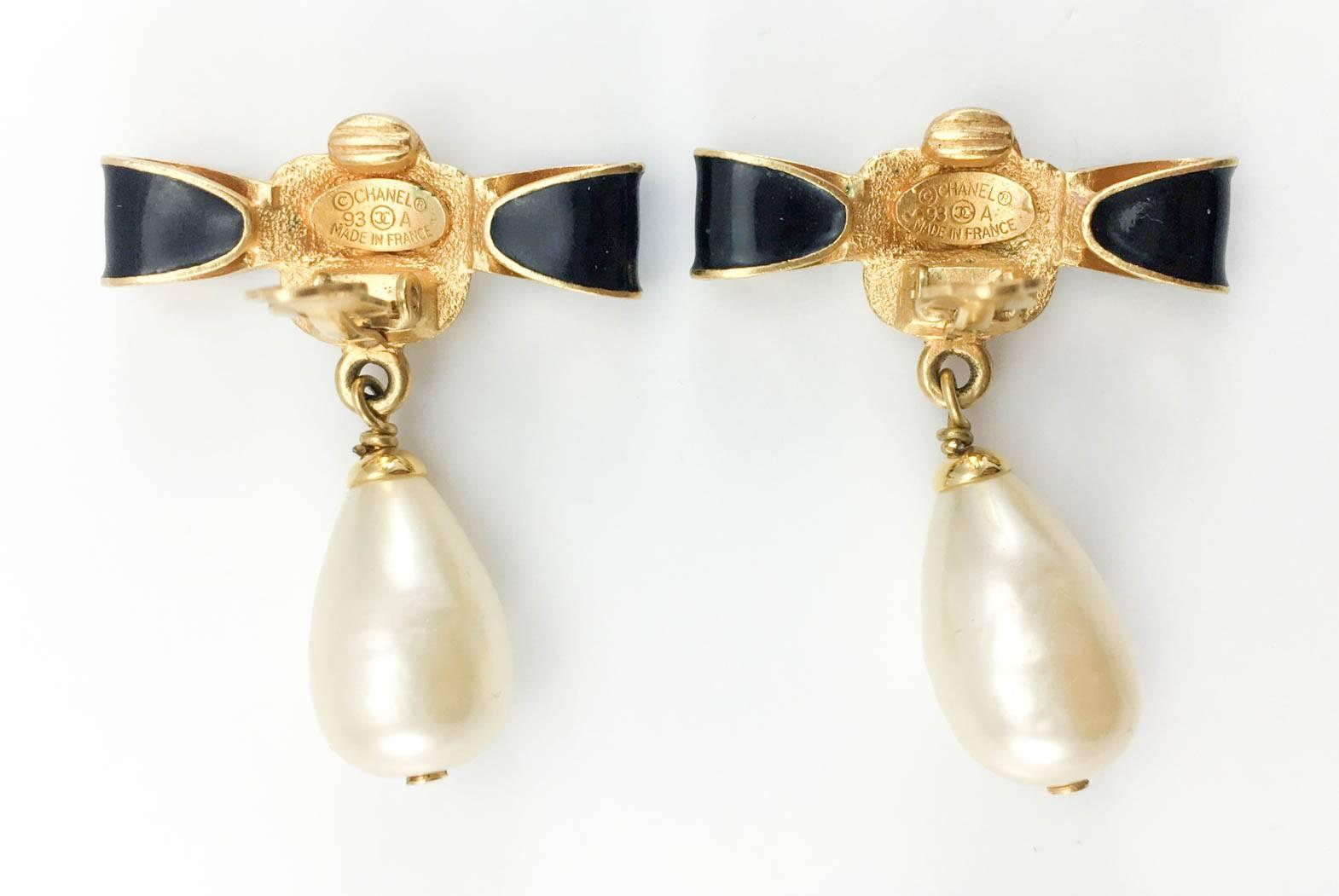 Women's Chanel Gold-Plated Camellia, Enameled Black Bow and Pearl Drop Earrings - 1993