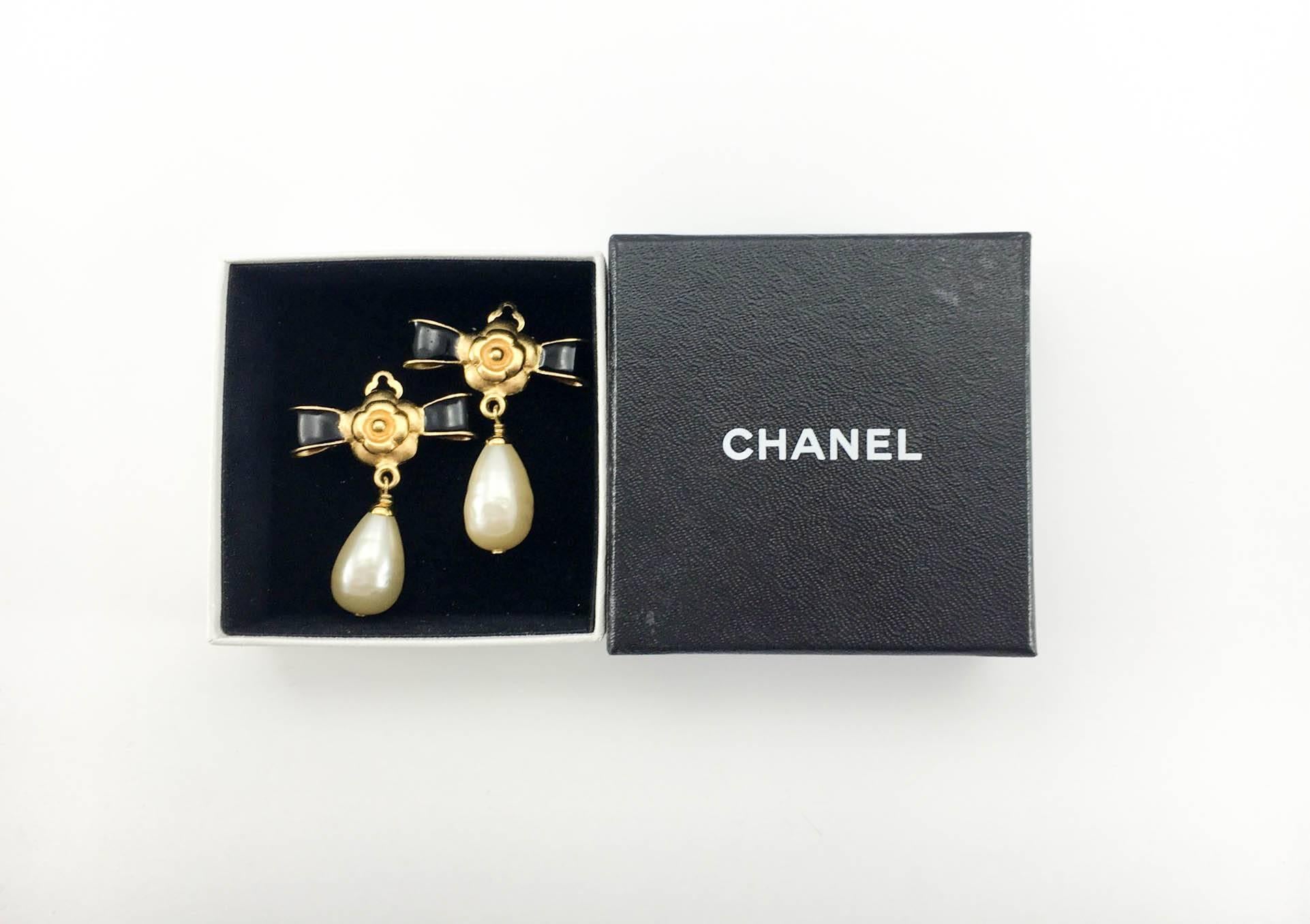 Chanel Gold-Plated Camellia, Enameled Black Bow and Pearl Drop Earrings - 1993 1