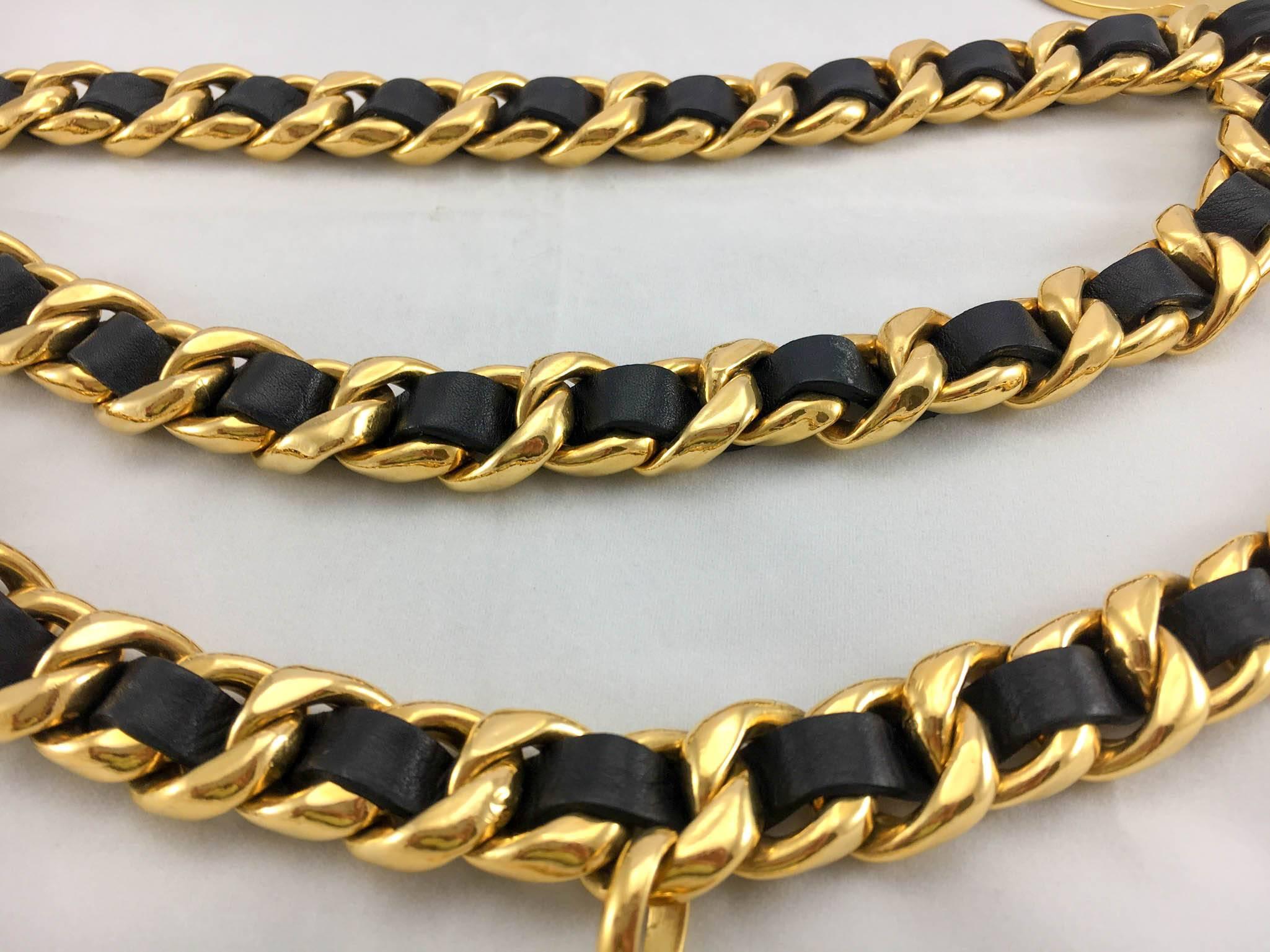 Women's Chanel Runway Black Leather and Gold-Tone Chain Logo Belt - Circa 1992