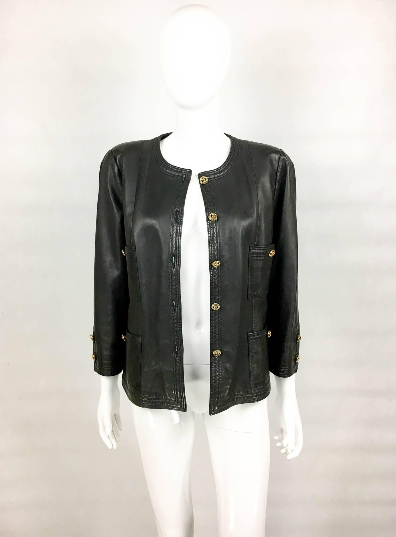 Chanel Black Leather Jacket With Gold-Tone Logo Buttons - 1980s In Excellent Condition In London, Chelsea