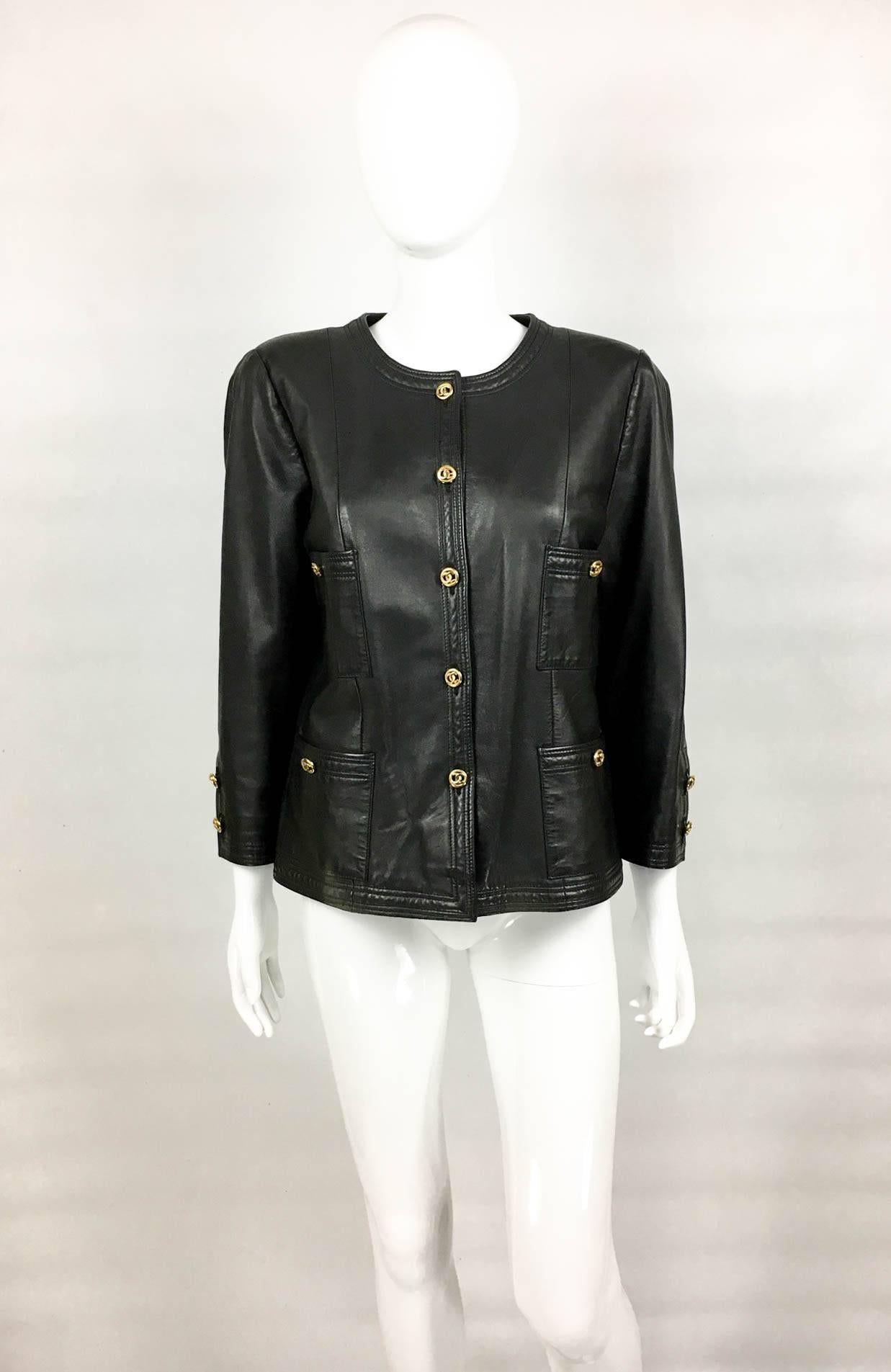 Women's Chanel Black Leather Jacket With Gold-Tone Logo Buttons - 1980s