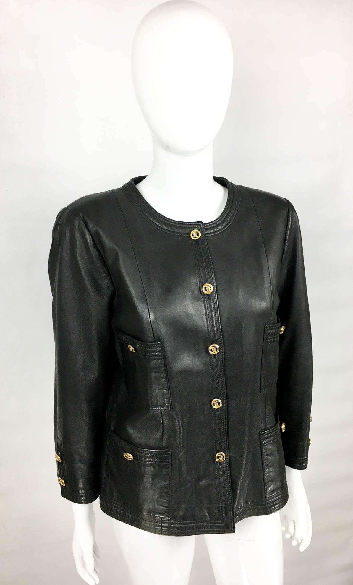 Chanel Black Leather Jacket With Gold-Tone Logo Buttons - 1980s 1