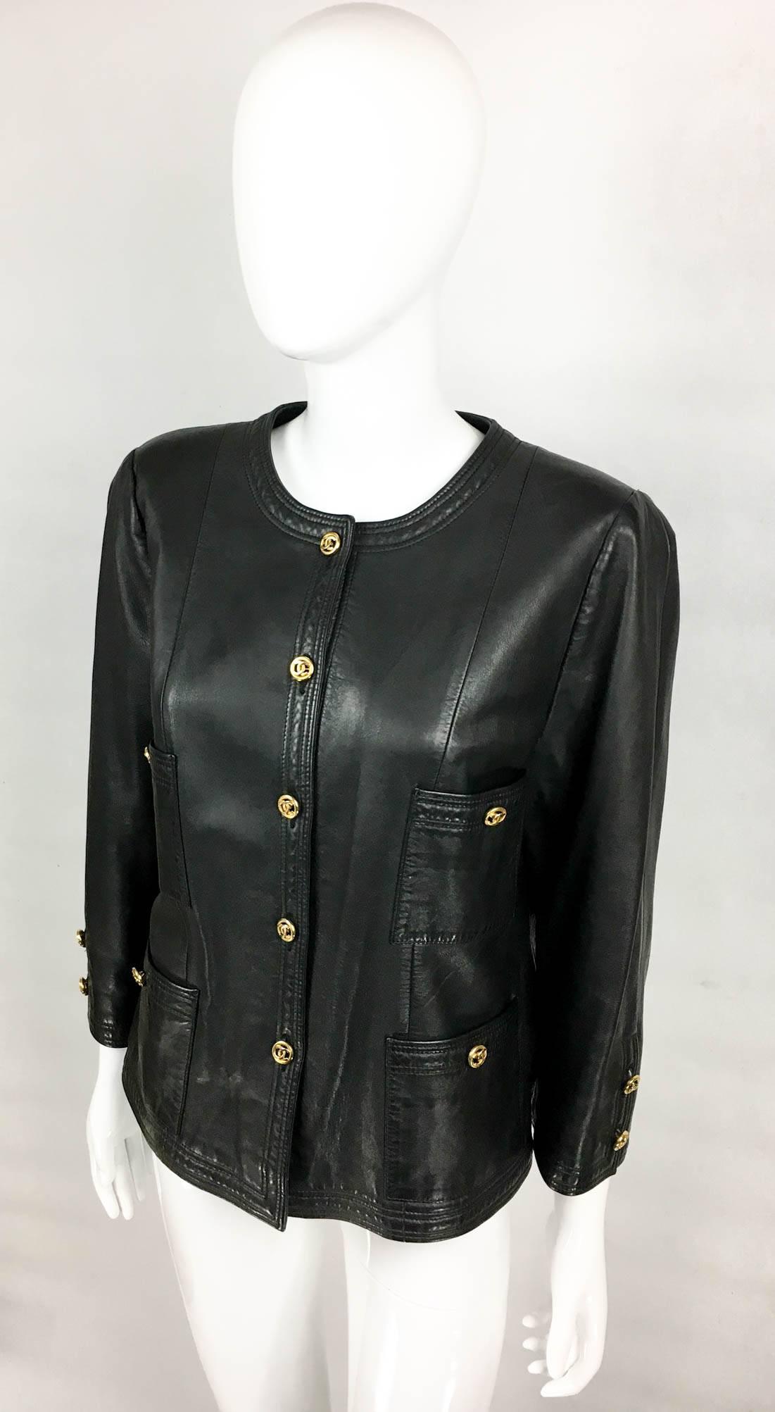 Chanel Black Leather Jacket With Gold-Tone Logo Buttons - 1980s 2