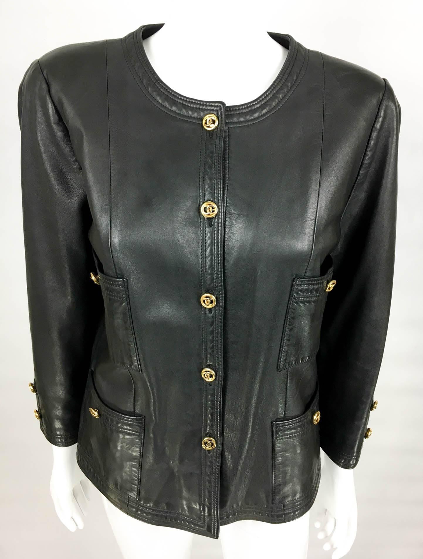 Chanel Black Leather Jacket With Gold-Tone Logo Buttons - 1980s 3