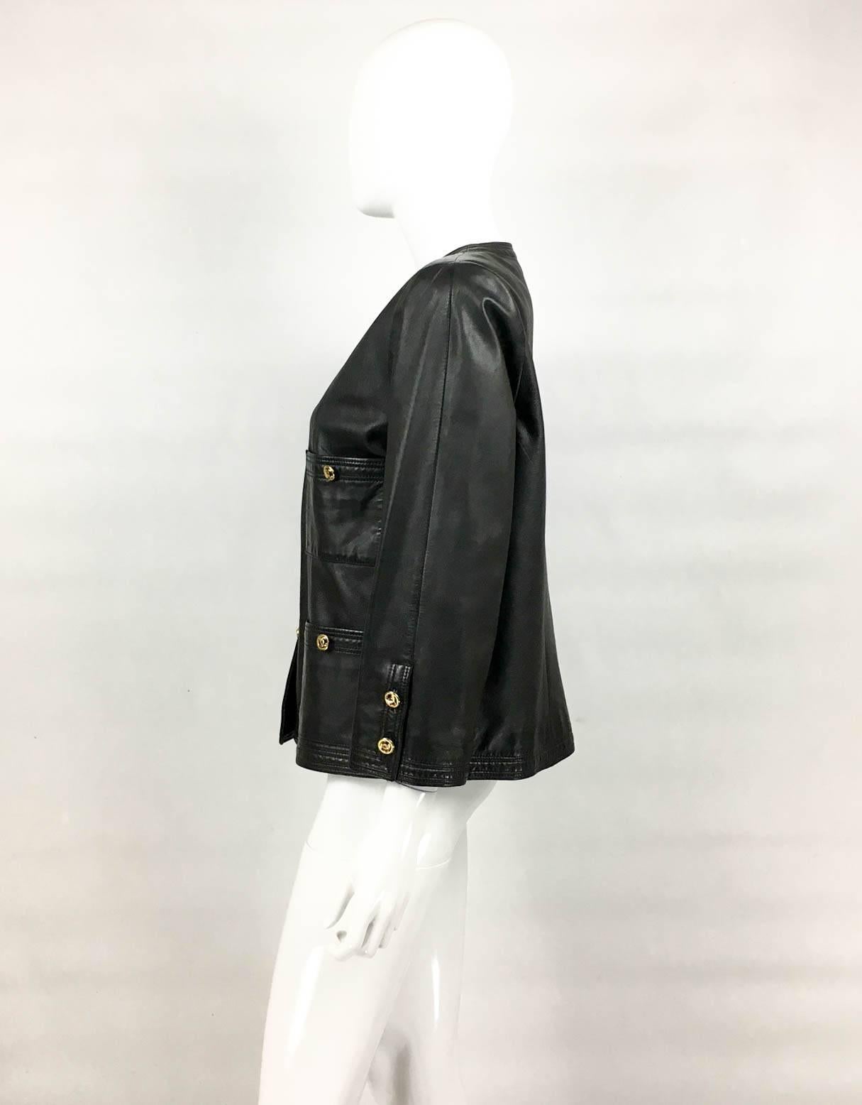 Chanel Black Leather Jacket With Gold-Tone Logo Buttons - 1980s 4