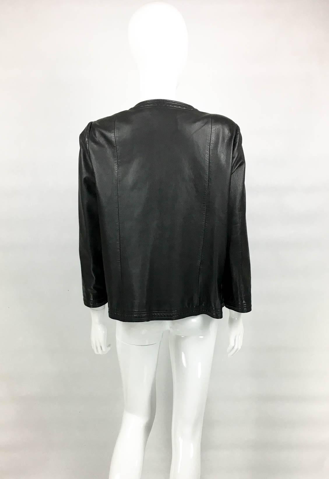 Chanel Black Leather Jacket With Gold-Tone Logo Buttons - 1980s 5