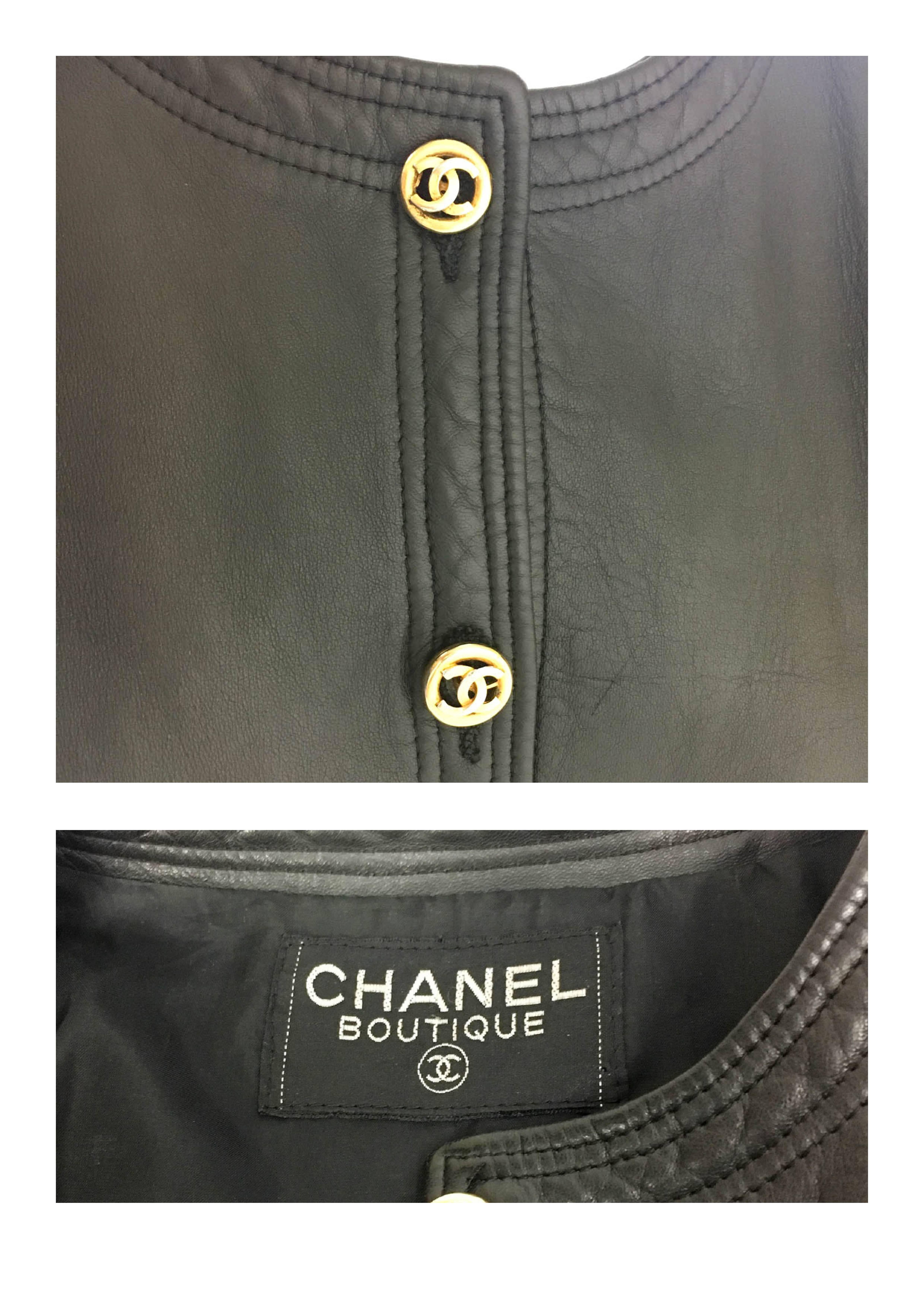 Chanel Black Leather Jacket With Gold-Tone Logo Buttons - 1980s 6
