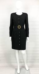 Chanel Belted Black Wool Dress With Logo Buttons - Circa 1992