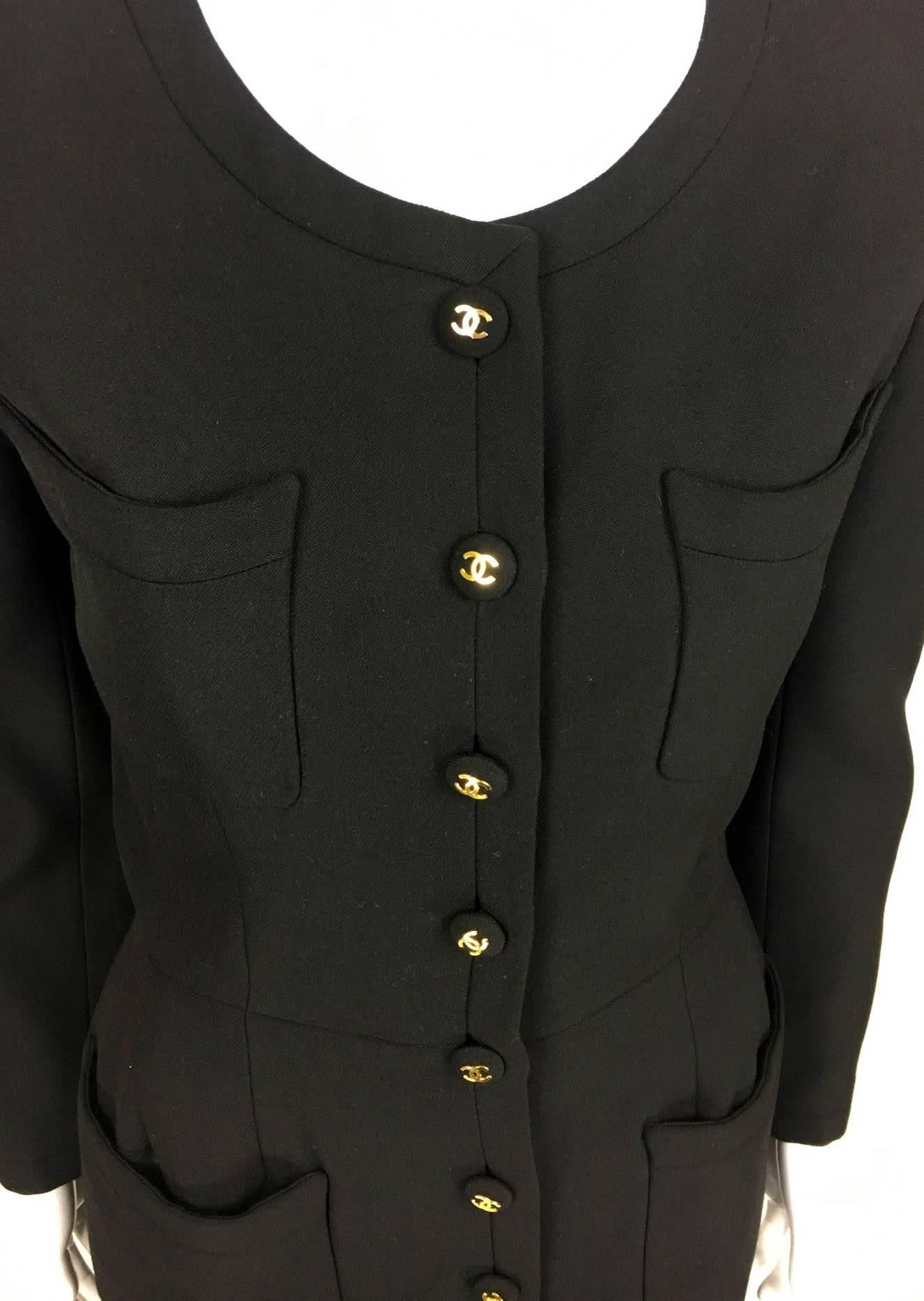 Chanel Belted Black Wool Dress With Logo Buttons - Circa 1992 In Excellent Condition In London, Chelsea
