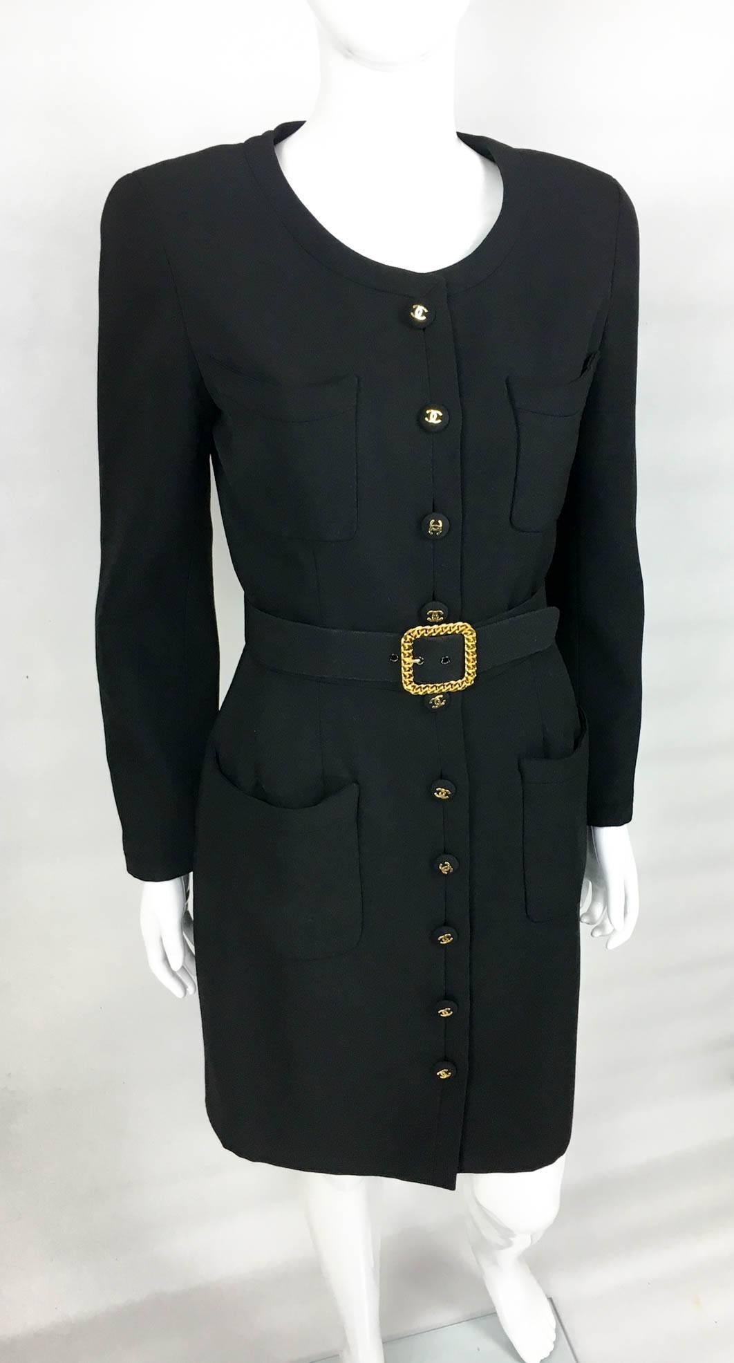 Women's Chanel Belted Black Wool Dress With Logo Buttons - Circa 1992