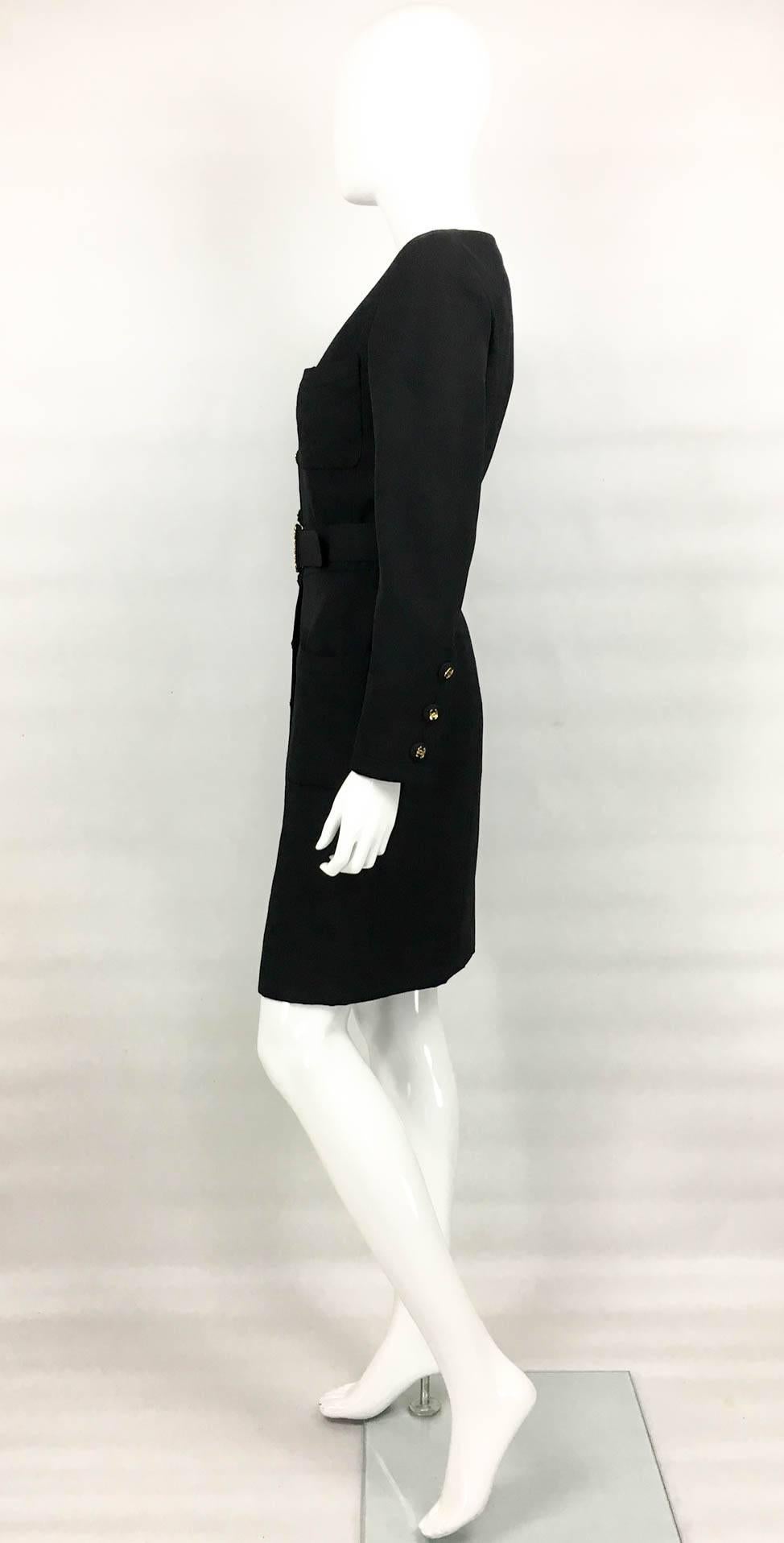 Chanel Belted Black Wool Dress With Logo Buttons - Circa 1992 1