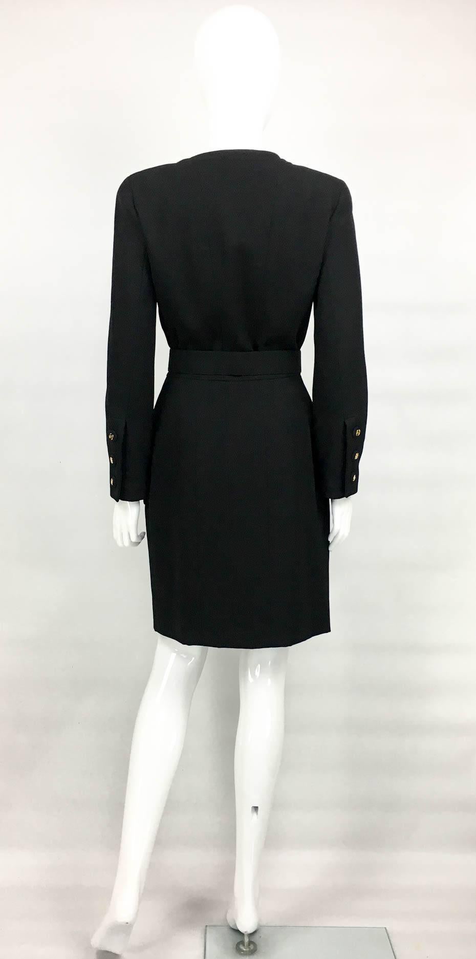 Chanel Belted Black Wool Dress With Logo Buttons - Circa 1992 2