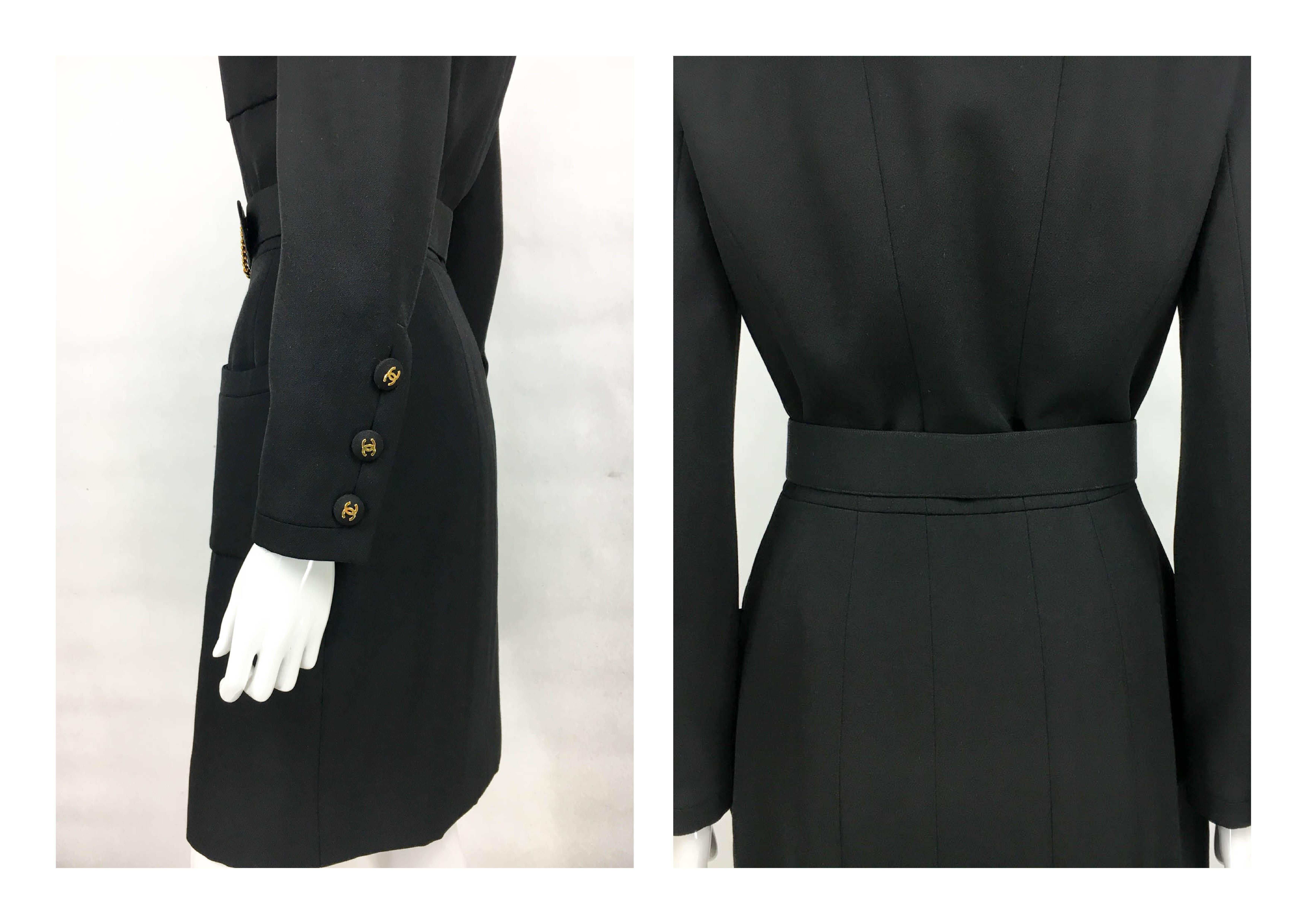 Chanel Belted Black Wool Dress With Logo Buttons - Circa 1992 3