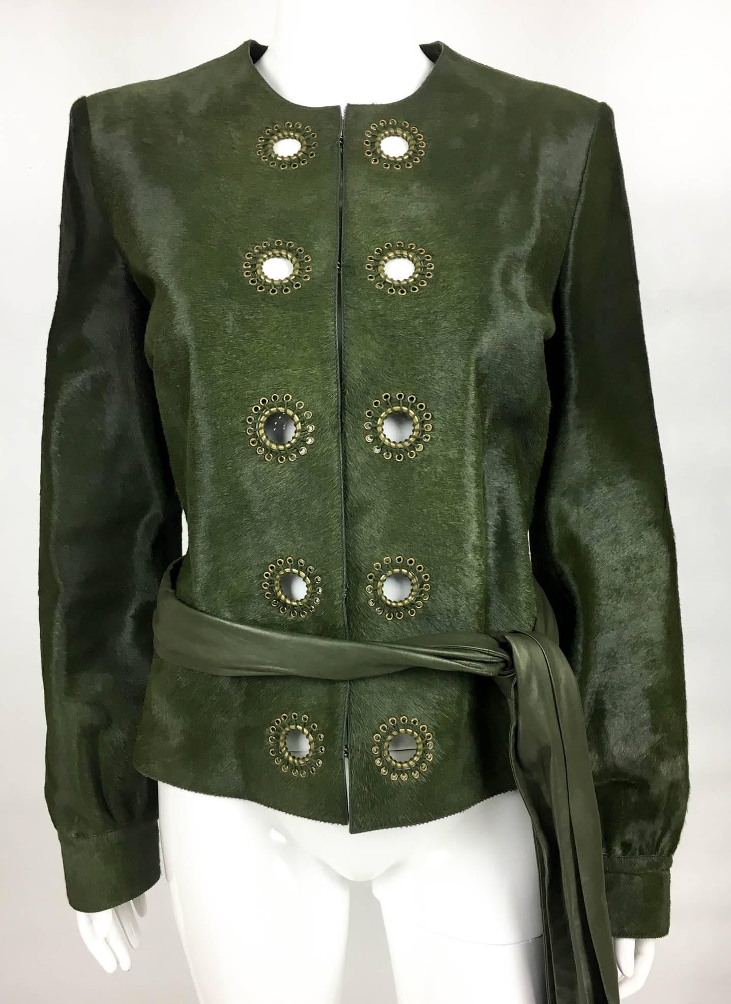 Yves Saint Laurent Moss Green Ponyskin Jacket With Eyelets - 2010s In New Condition In London, Chelsea