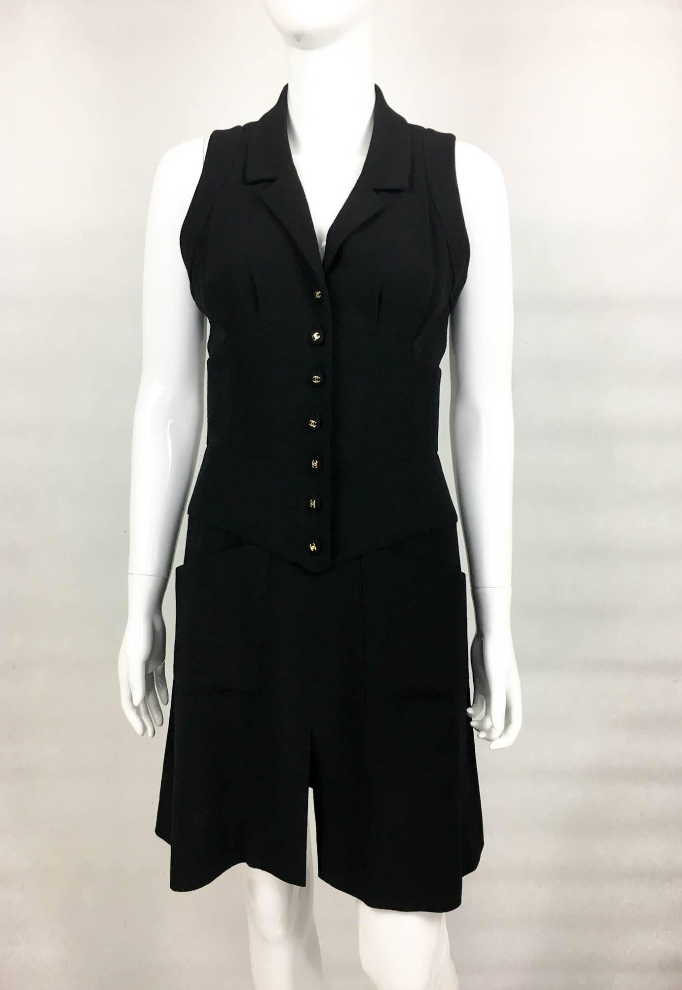 Chanel Black Waistcoat-Style Wool Dress With Logo Buttons - 1990s In Excellent Condition In London, Chelsea