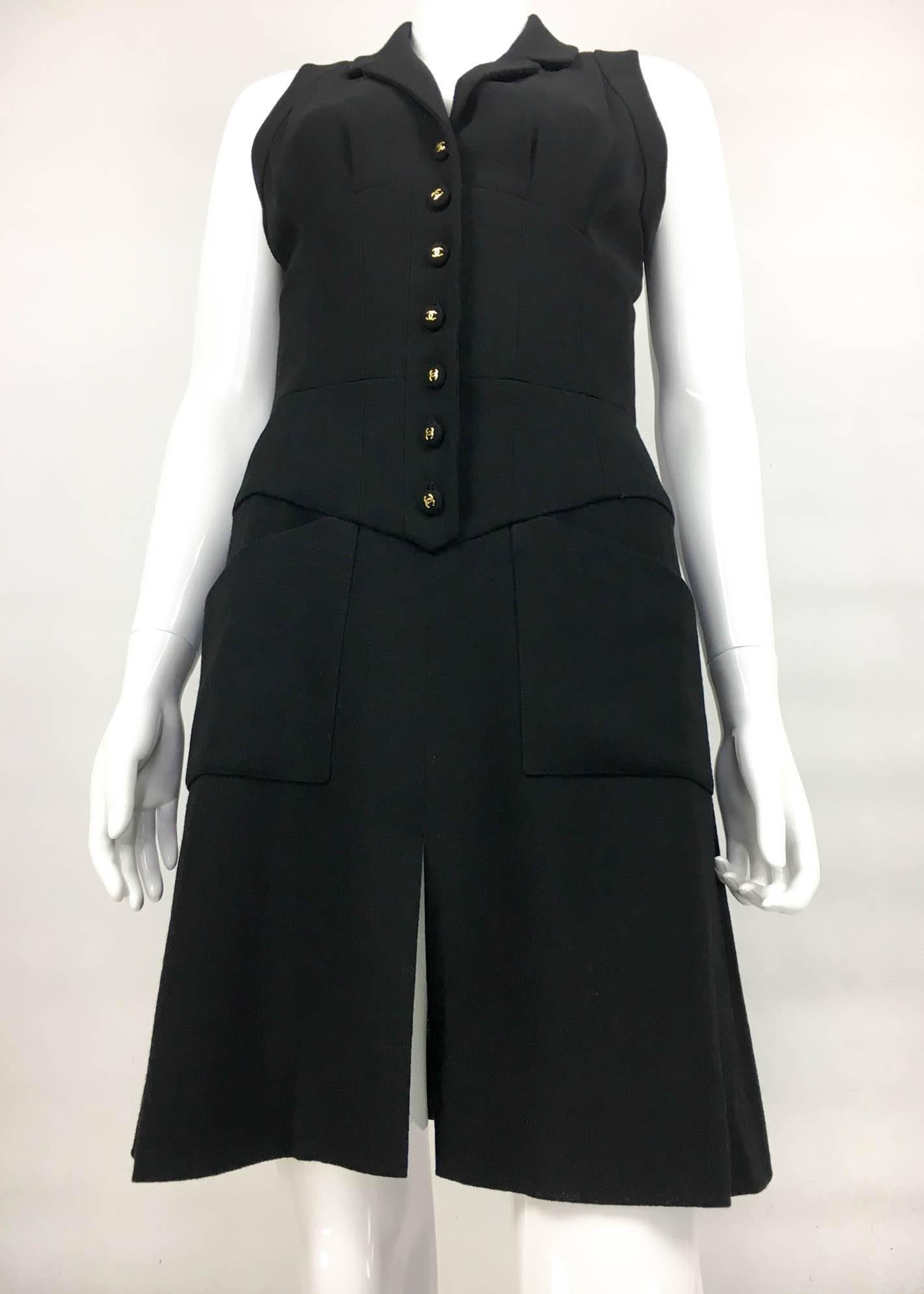 Women's Chanel Black Waistcoat-Style Wool Dress With Logo Buttons - 1990s