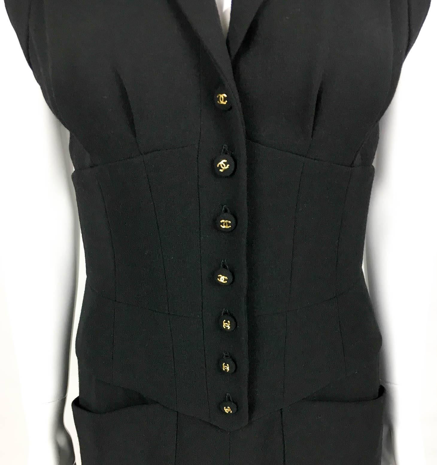 Chanel Black Waistcoat-Style Wool Dress With Logo Buttons - 1990s 1