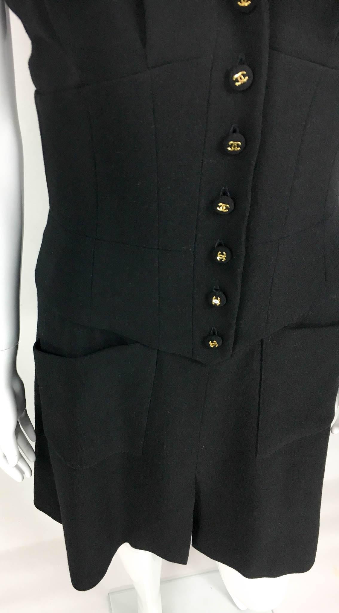 Chanel Black Waistcoat-Style Wool Dress With Logo Buttons - 1990s 2