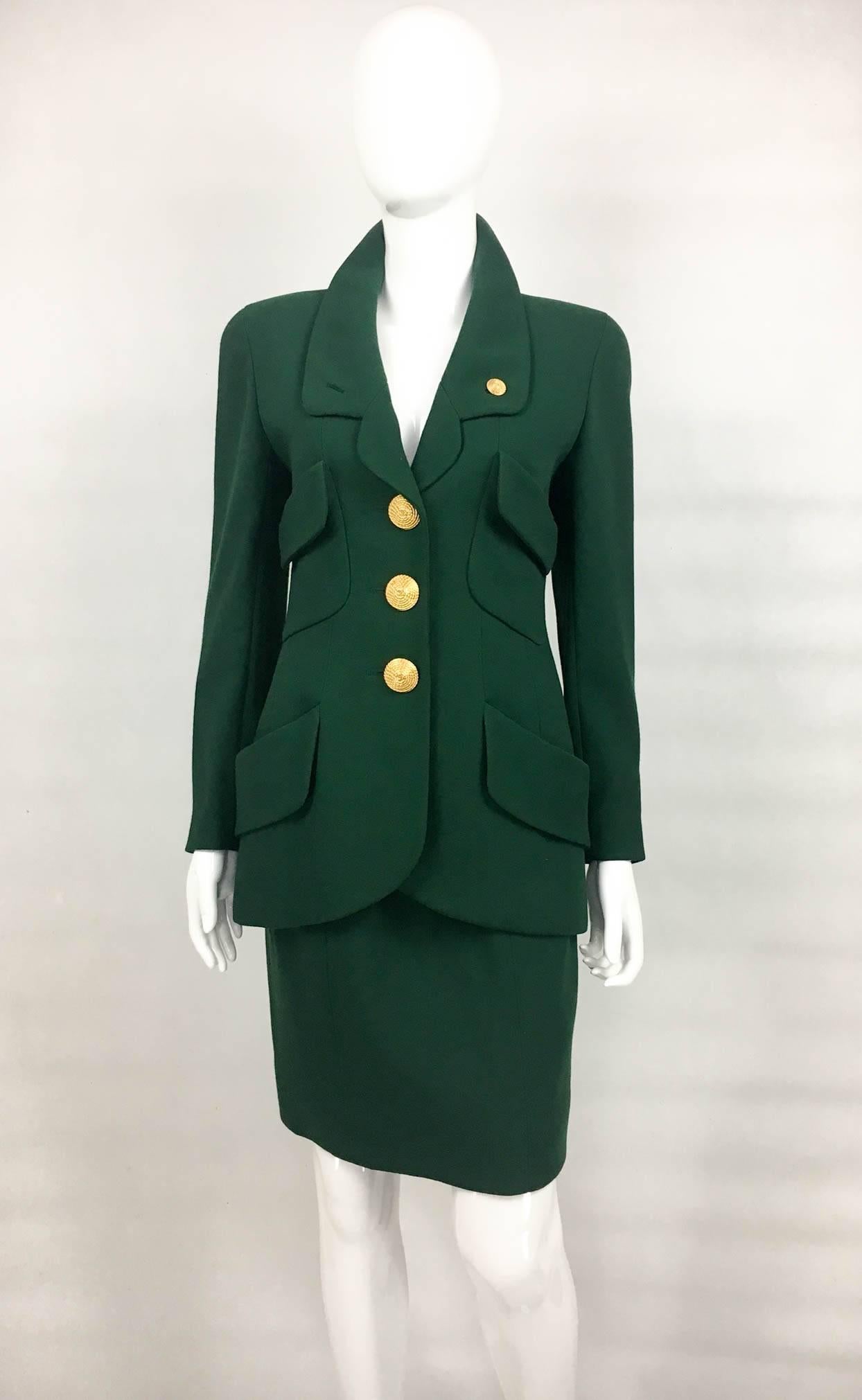 Black Chanel Bottle Green Wool Suit With Large Gold-Tone Logo Rope Buttons - 1992