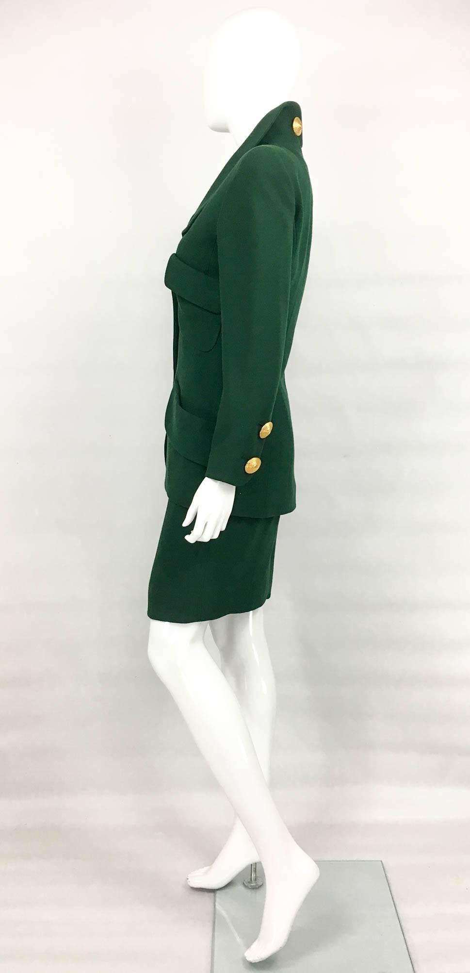 Women's Chanel Bottle Green Wool Suit With Large Gold-Tone Logo Rope Buttons - 1992