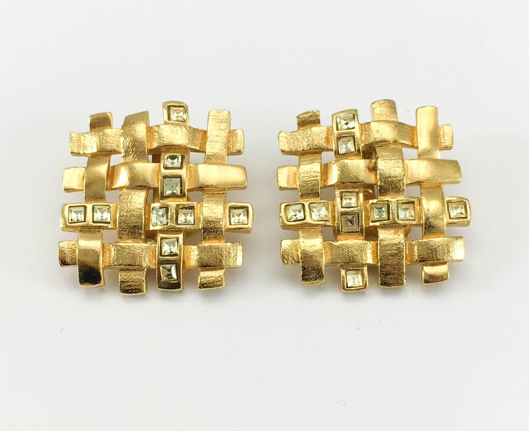 Yves Saint Laurent 'Woven' Gilt Earrings With Pale Green Rhinestones - 1980's In Excellent Condition In London, Chelsea
