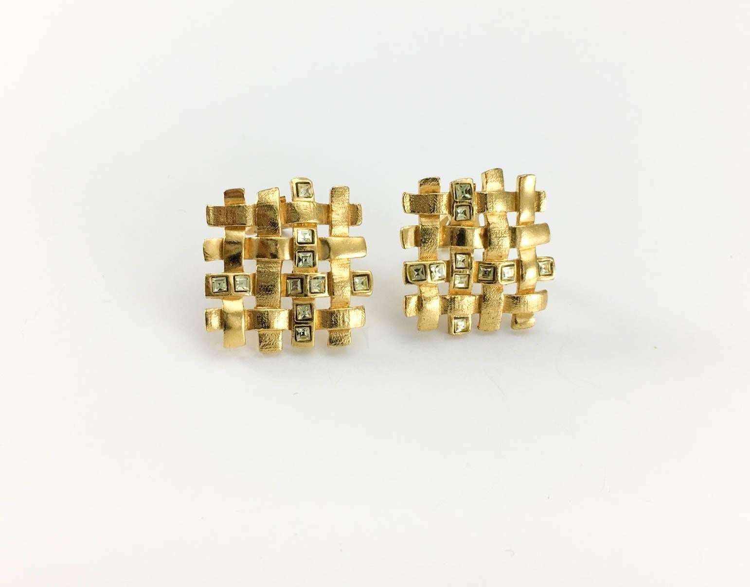 Women's Yves Saint Laurent 'Woven' Gilt Earrings With Pale Green Rhinestones - 1980's