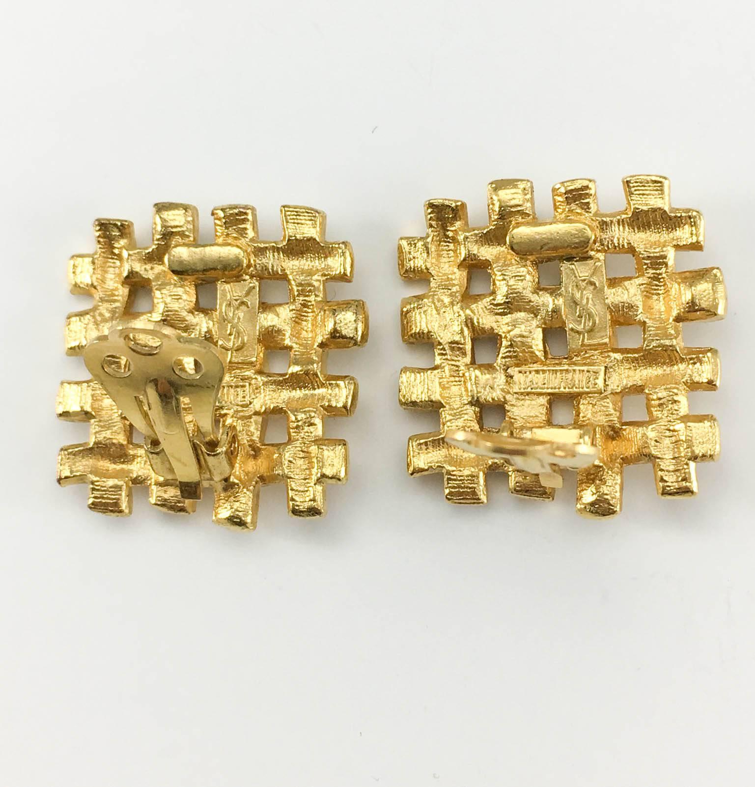 Yves Saint Laurent 'Woven' Gilt Earrings With Pale Green Rhinestones - 1980's 2