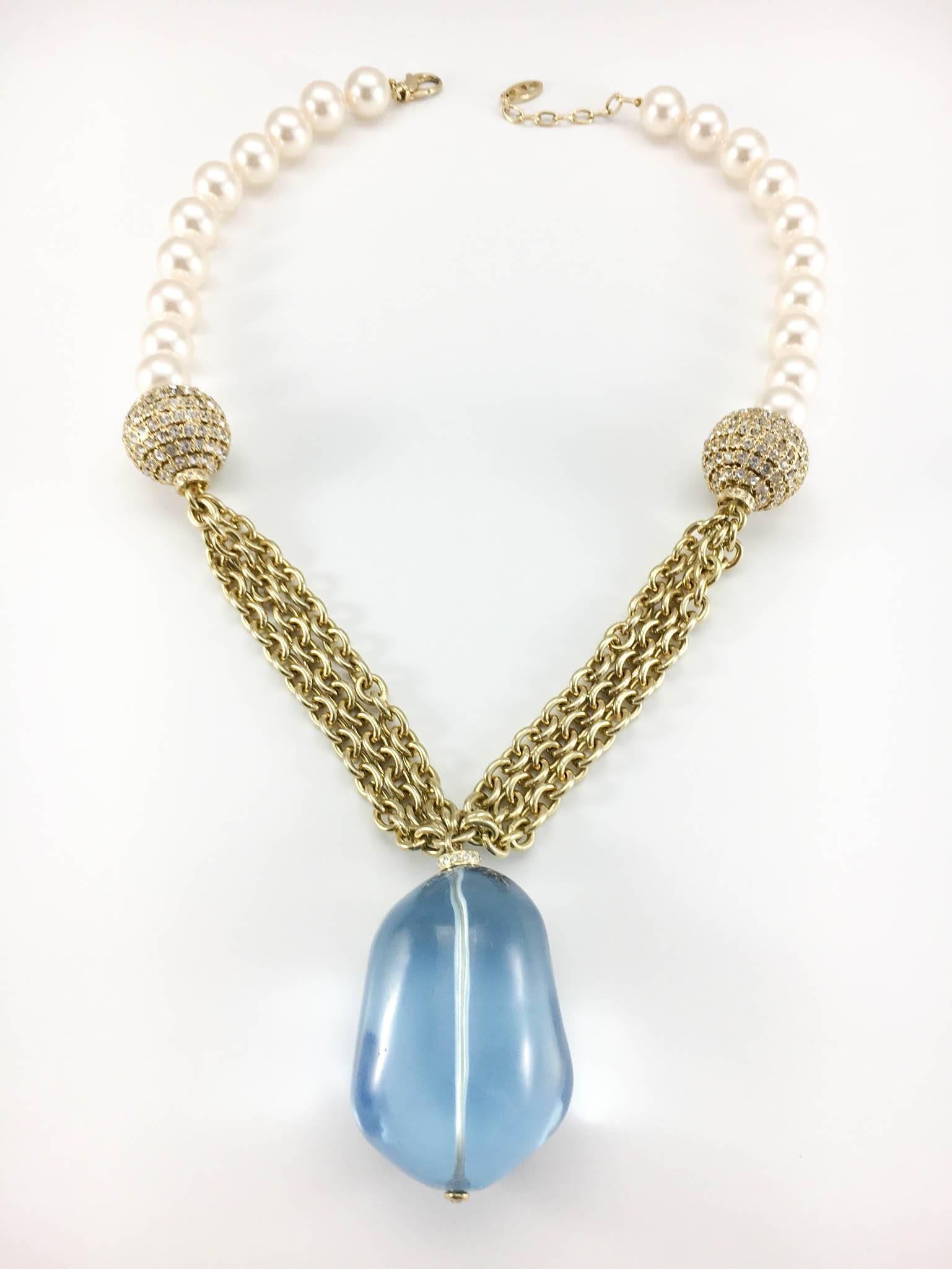 Valentino Pearl, Chain and Large Blue Pendant Necklace  In Excellent Condition In London, Chelsea