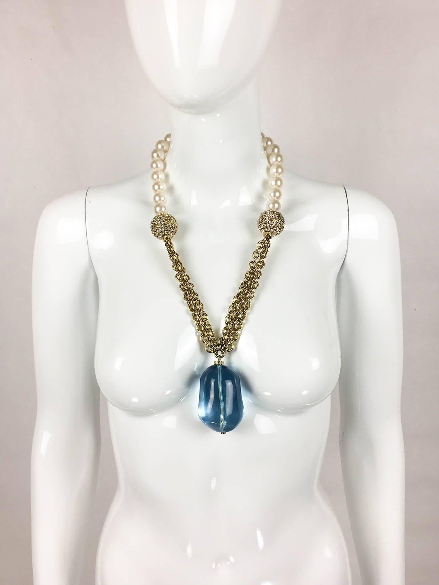 Women's Valentino Pearl, Chain and Large Blue Pendant Necklace 