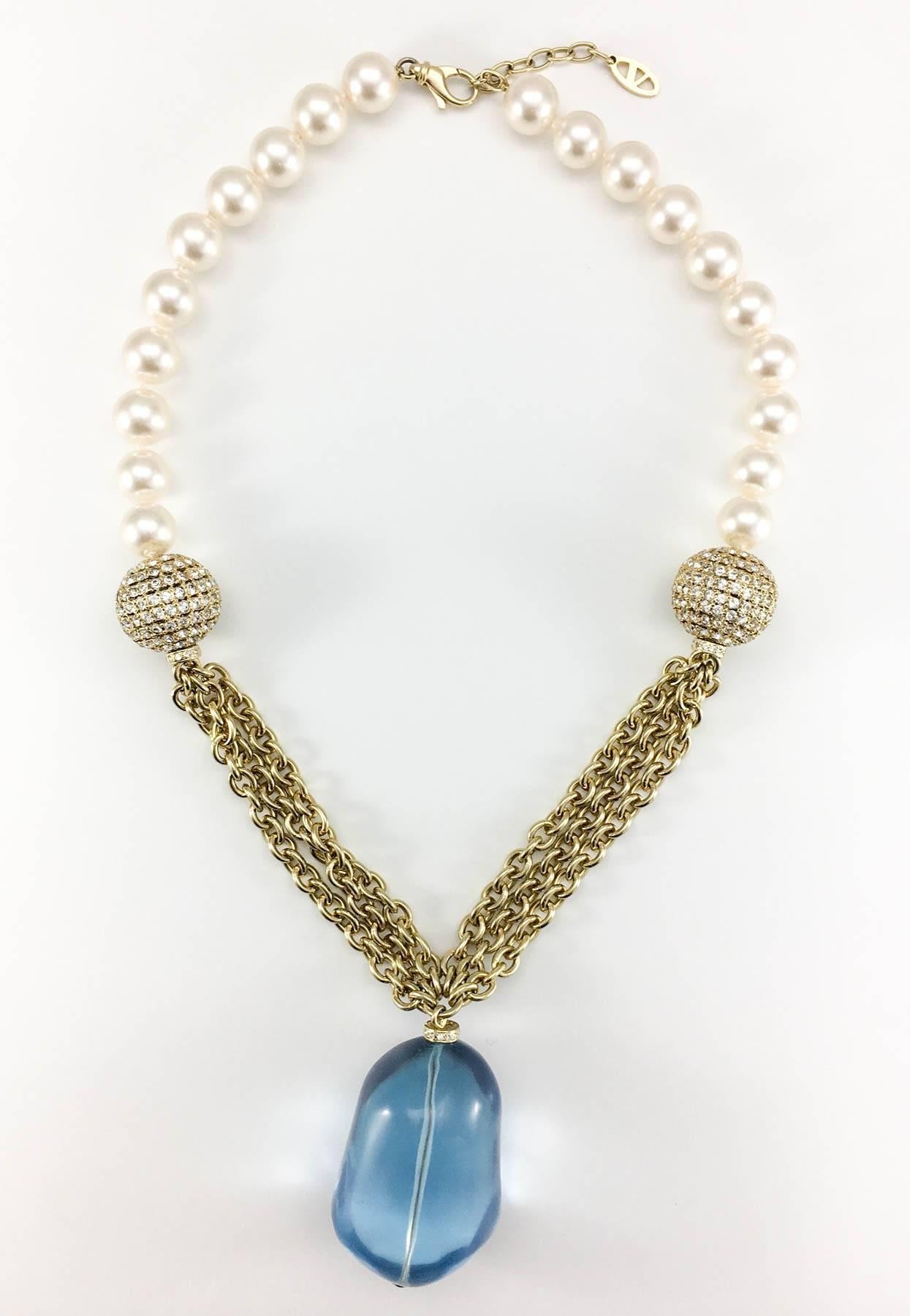 Valentino Pearl, Chain and Large Blue Pendant Necklace  5
