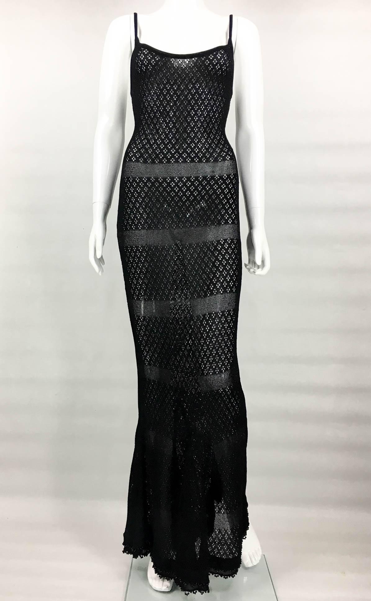 Black Chanel Runway and Campaign Sheer Knitted Dress With Pearl Embellishment - 1995