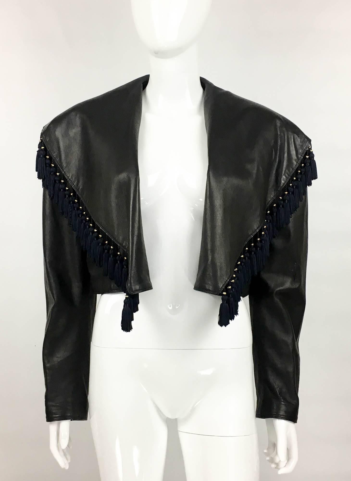 Gianni Versace Black Leather Jacket With Tassel Embellished Collar, 1980s In Excellent Condition In London, Chelsea